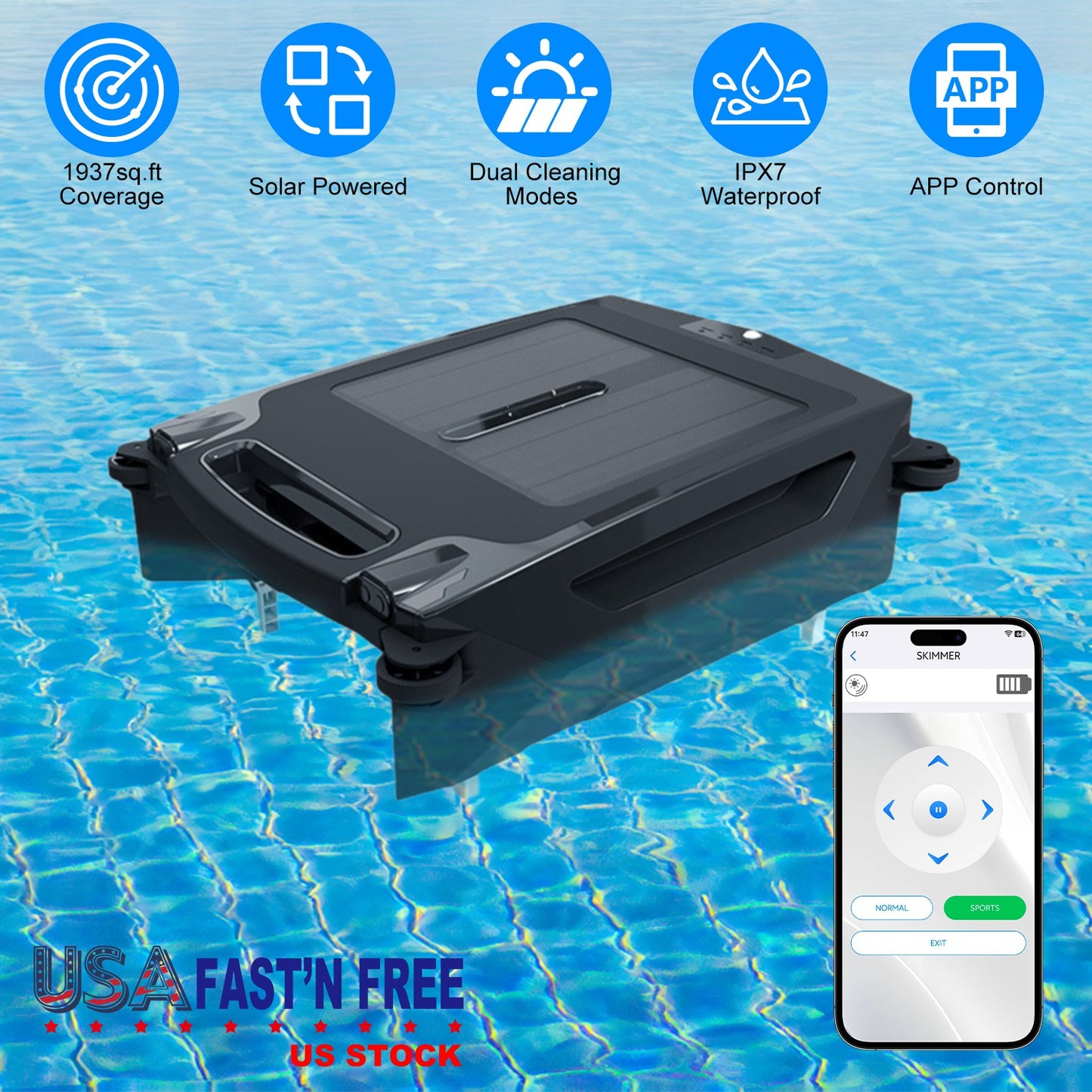 Solar PoweredÊRobotic Pool SkimmerÊAutomatic Swimming Pool Surface Cleaner with 2 Cleaning Modes Dual Charging Methods IPX7 Waterproof 1937sq.ft Cover