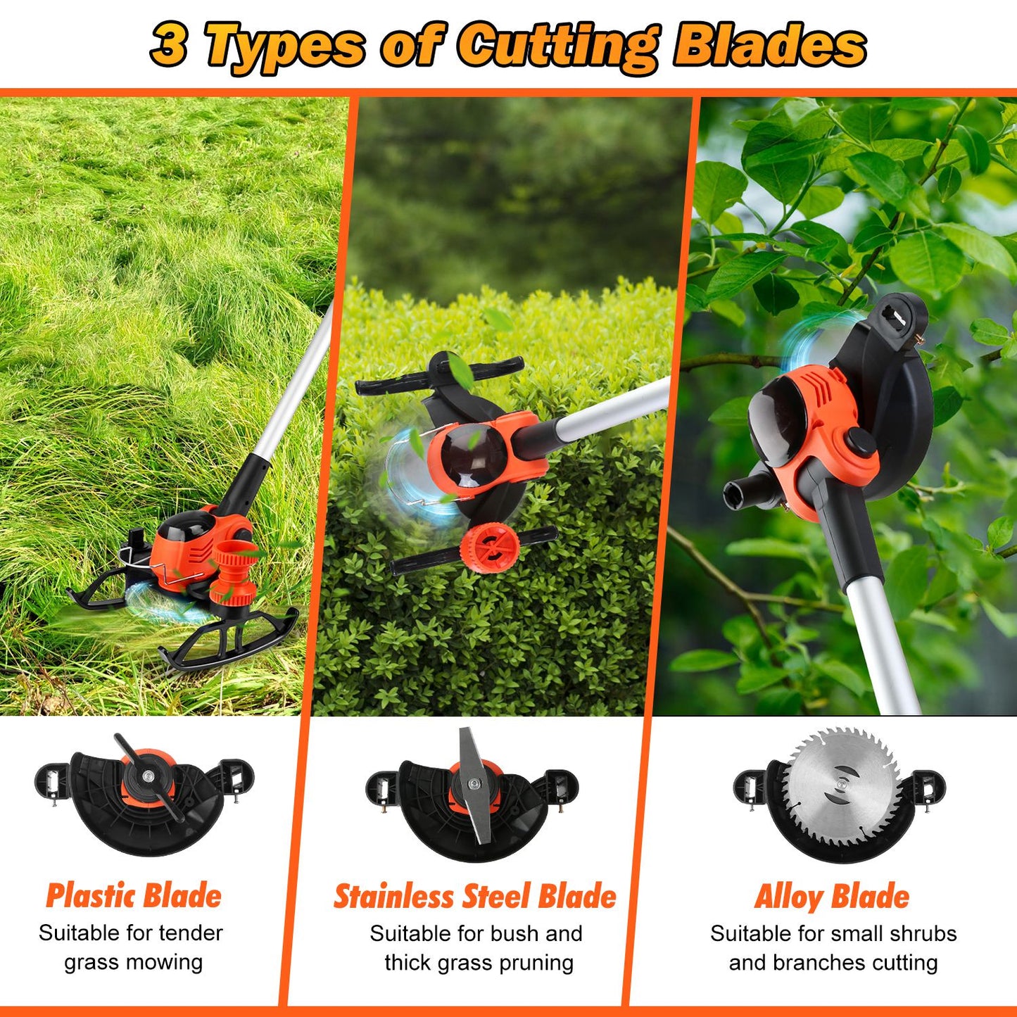 Cordless Grass Trimmer With Wheels 2Pcs 3.0Ah Batteries Rechargeable Handhold Lawn Mower With 3 Types of Blades Head Angle Adjustable Lightweight for