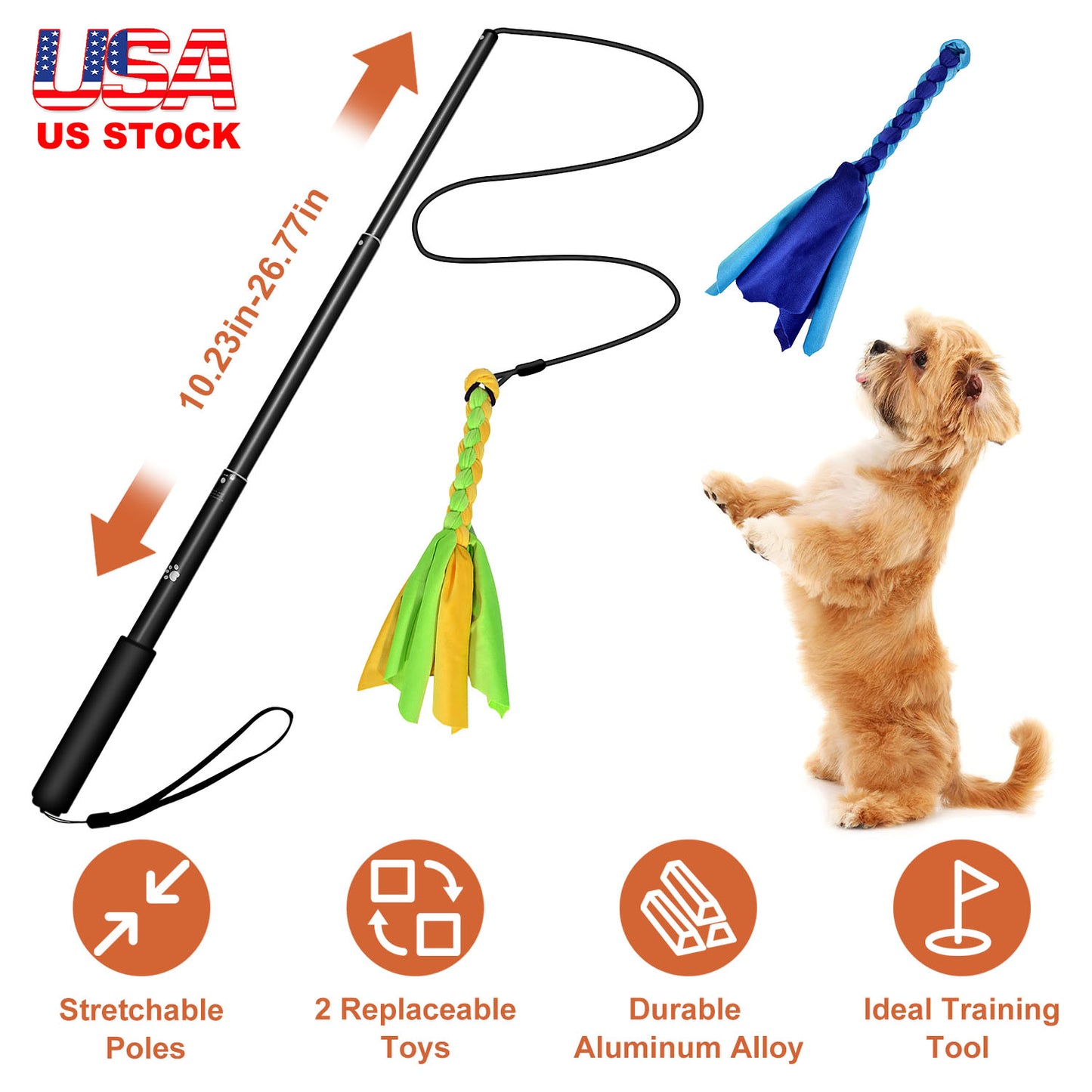 Extendable Dog Flirt Pole with Lure 10.23-26.77in Teaser Wand with 2 Replaceable Interactive Tail Toys For Small Medium Large Dogs Training Exercise T