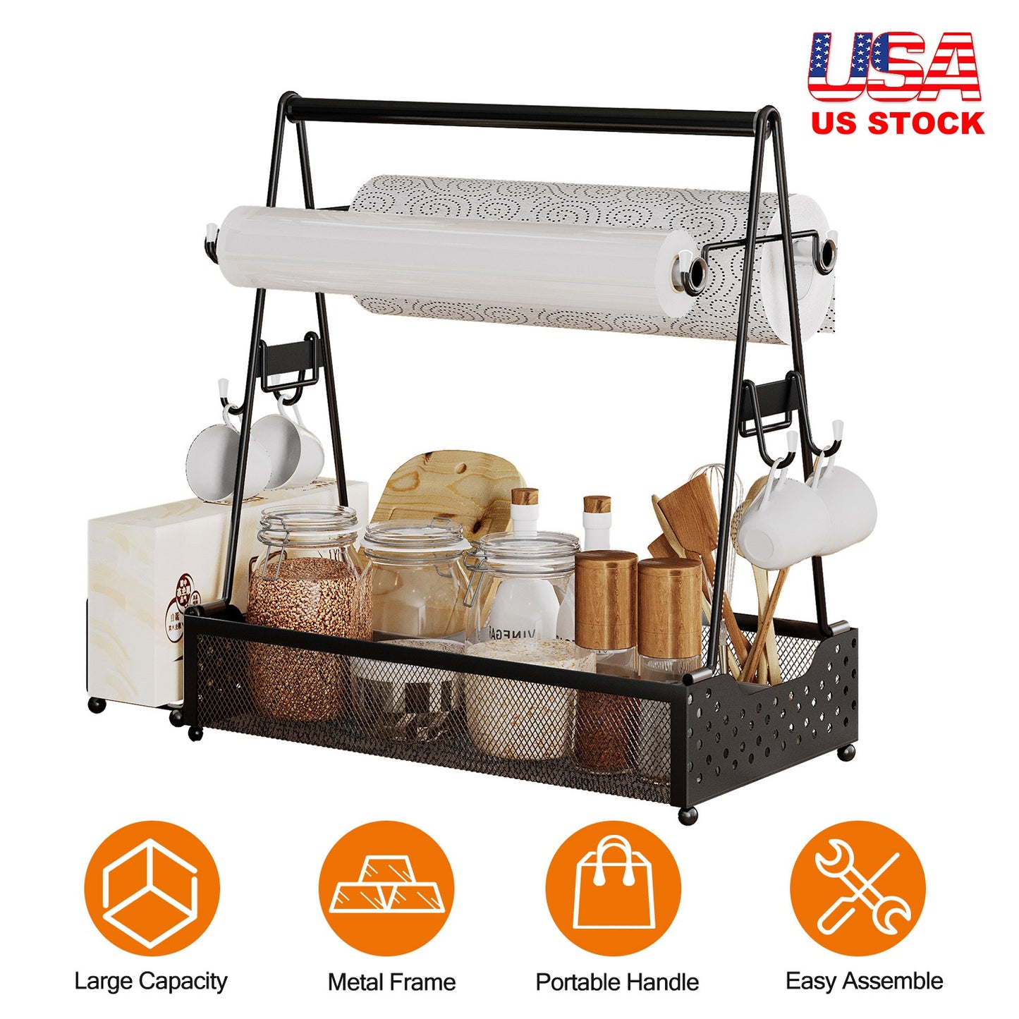 Utensil Caddy Metal Grill Caddy with Paper Towel Holders Utensil Holder for Outdoor Picnic Barbecue Camping Grilling Tools Storage Organizer Barbecue