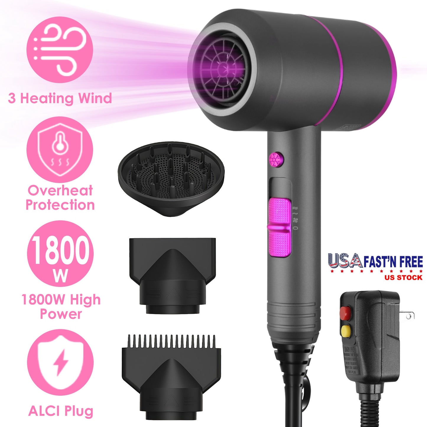 1800W Hair Dryer Portable Compact Hair Blow Dryer with Cool/Warm/Hot Wind with Diffuser Concentrator/Comb Nozzle ALCI Plug Overheat Protection for Wom