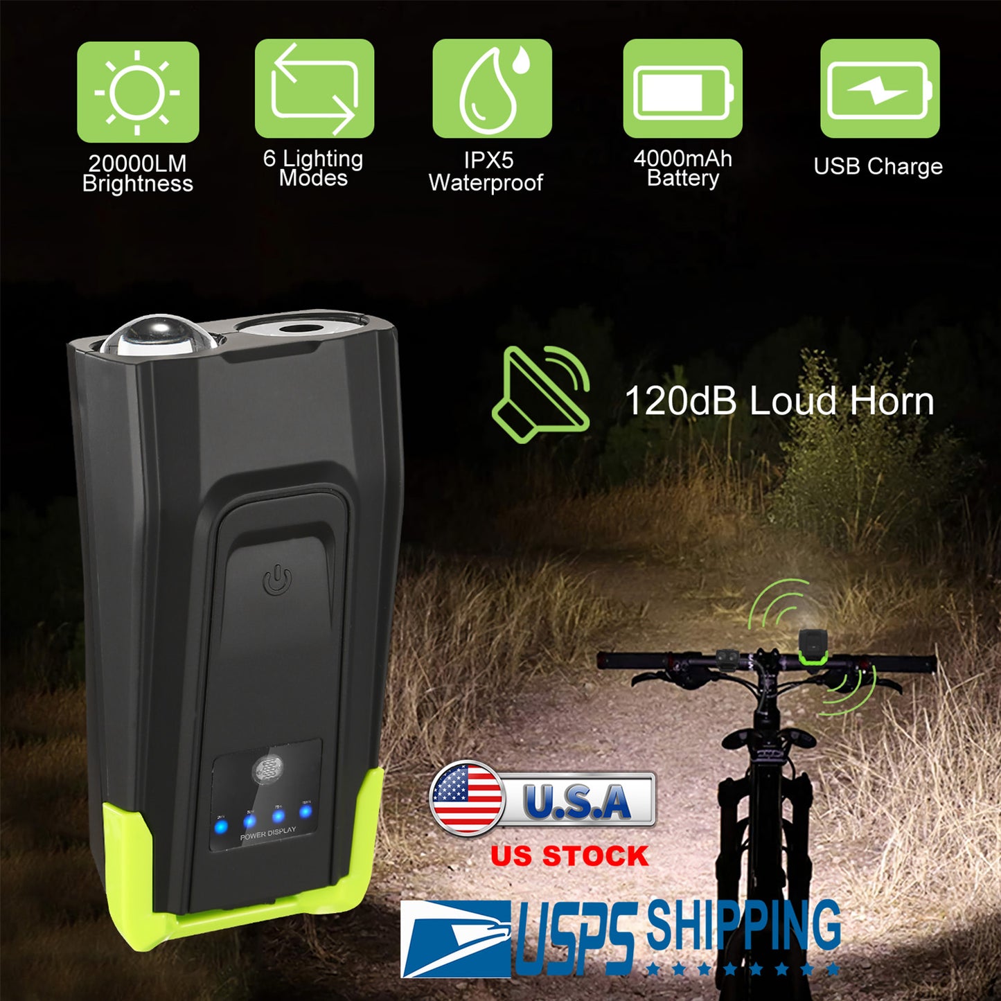 20000LM Bike Front Lights Set Bicycle Headlights w/120dB Loud Horn IPX5 Water-Resistant 4000mAh USB Rechargeable for Night Riding