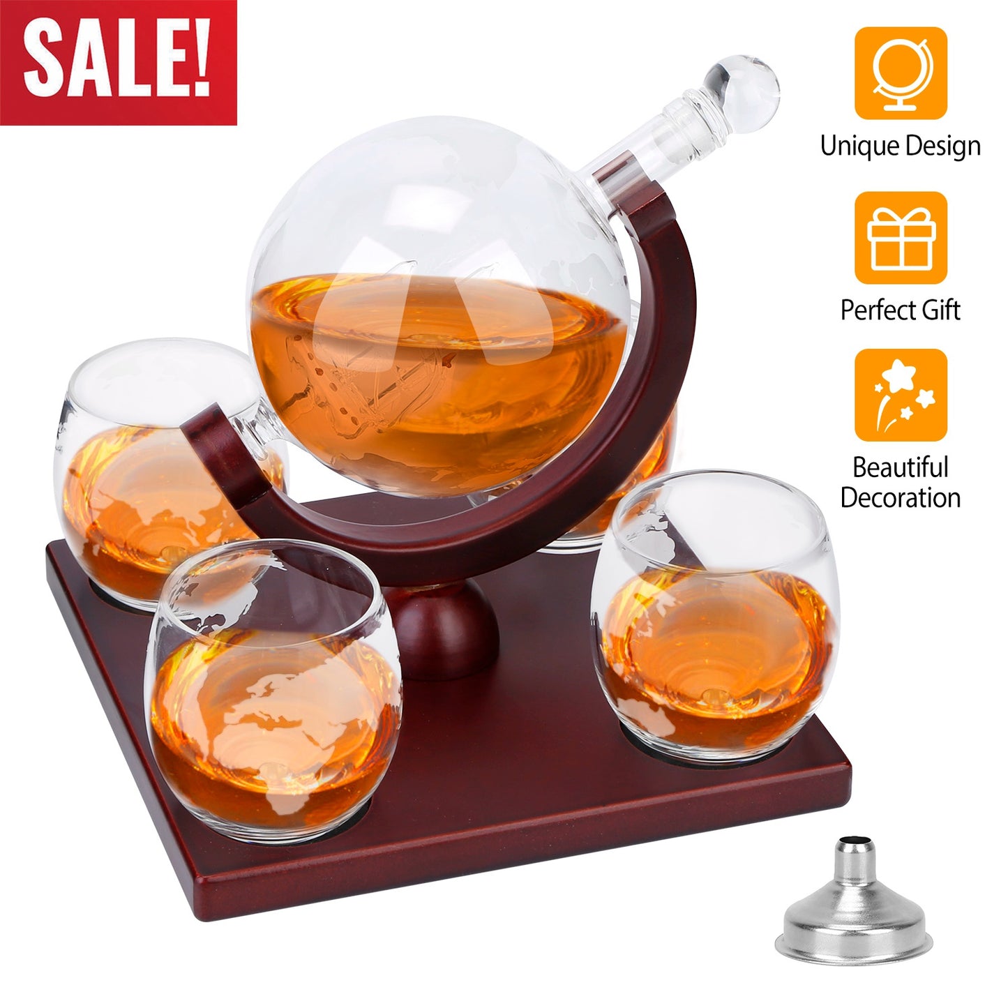 Whiskey Decanter Globe Set w/ 4Pcs 8.45OZ Etched World Whiskey Glasses Wooden Tray Perfect Gift Set for Liquor Scotch Bourbon Vodka