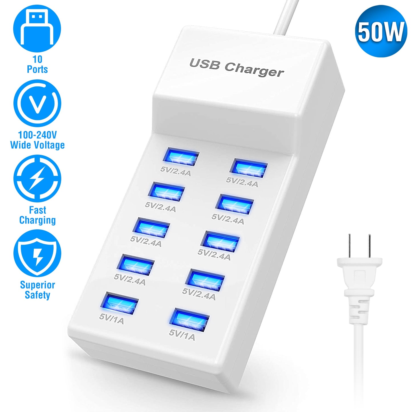 10 Ports USB Charging Station Hub 50W USB Wall Charger Fast Charging Power Adapter for Phone Tablet