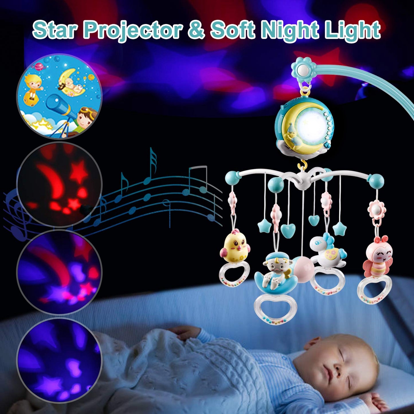 Baby Musical Crib Bed Bell Rotating Mobile Star Projection Nursery Light Baby Rattle Toy w/ Music Box Remote Control