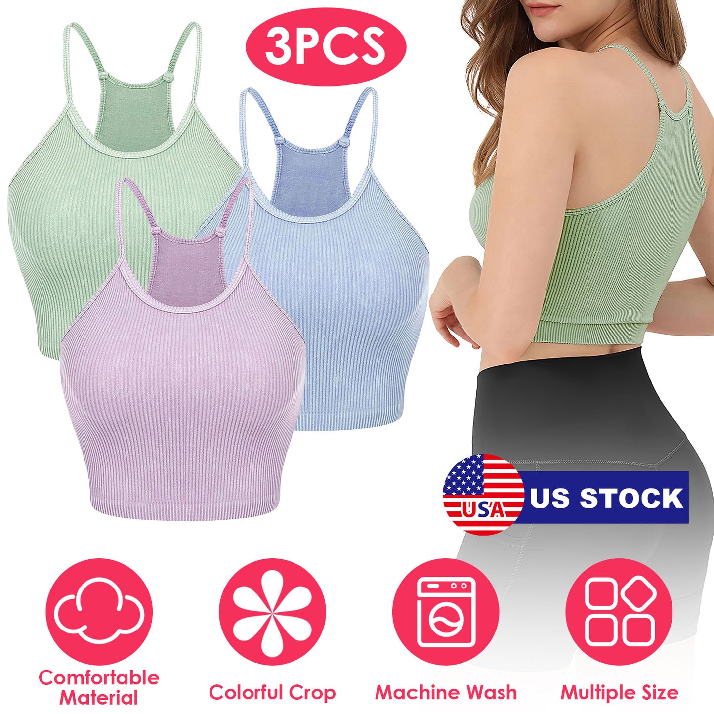 3 Pack Women Crop Basic Tank Top Ribbed Knit Sleeveless Round Neck 9 Color Machine Wash Summer Crop S to XL