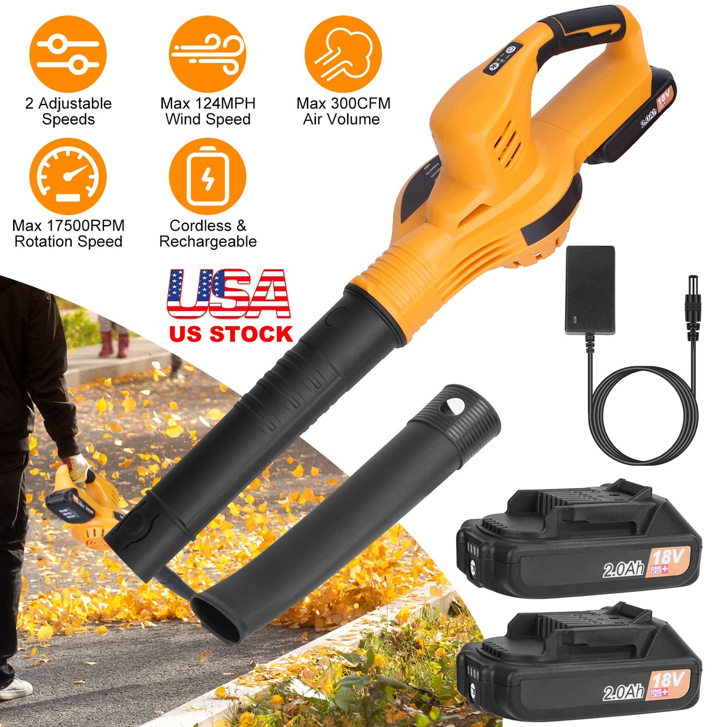 Cordless Leaf Blower Handheld Electric Battery Powered Air BlowerÊMax 124MPH 300CFM with 2 Adjustable Speeds 2Pcs 18V 2000mA Battery and Charger for Y