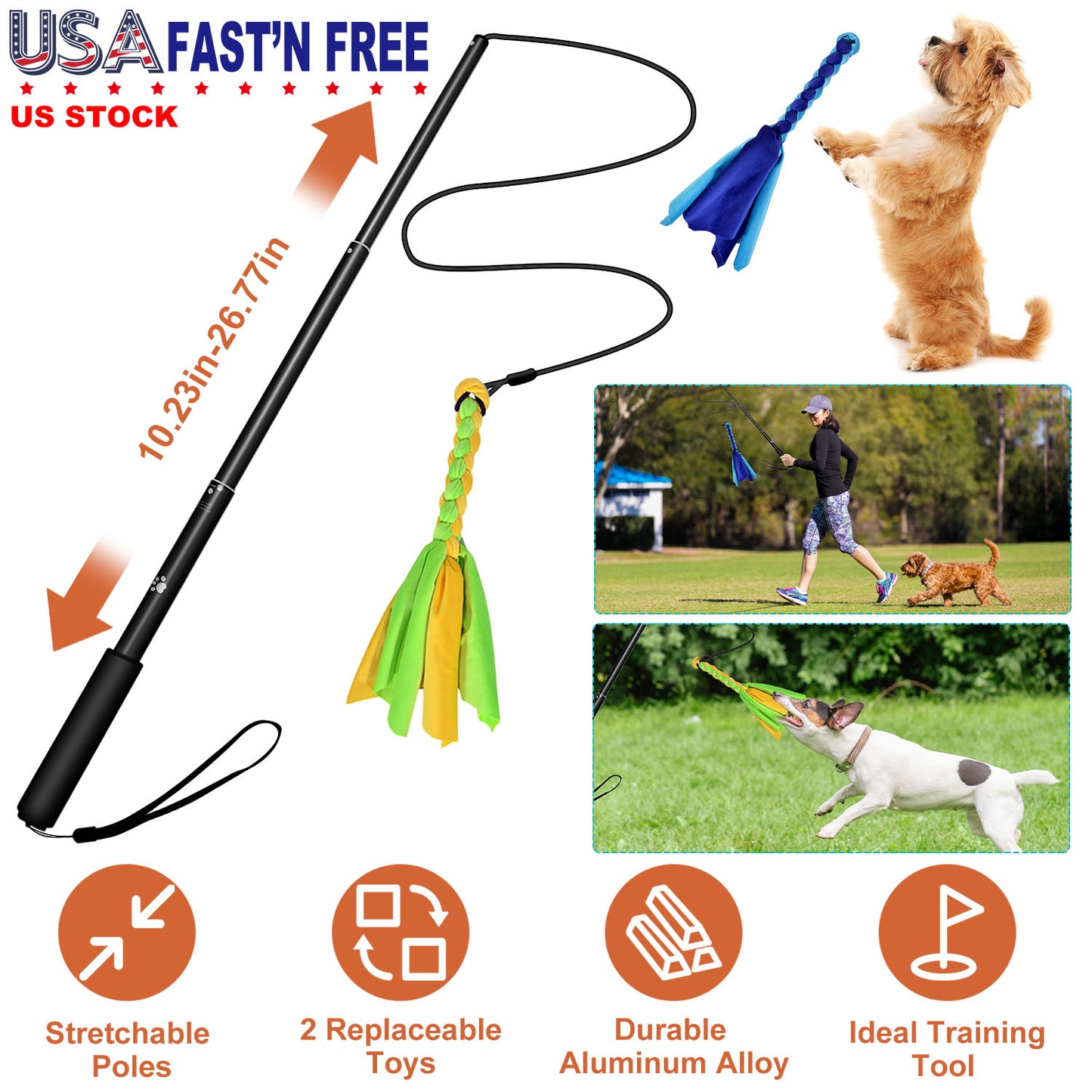 Extendable Dog Flirt Pole with Lure 10.23-26.77in Teaser Wand with 2 Replaceable Interactive Tail Toys For Small Medium Large Dogs Training Exercise T