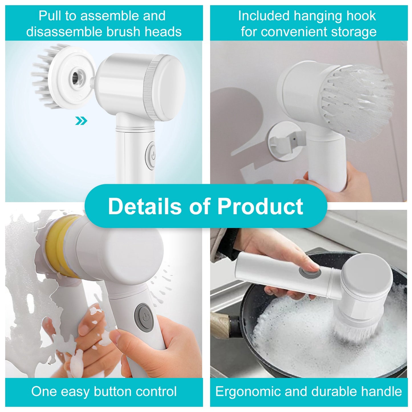 Cordless Cleaning Brush Handheld Electric Spin Scrubber with 5 Replaceable Brush Heads Rechargeable Shower Scrubber for Kitchen Dish Bathtub Sink Tile