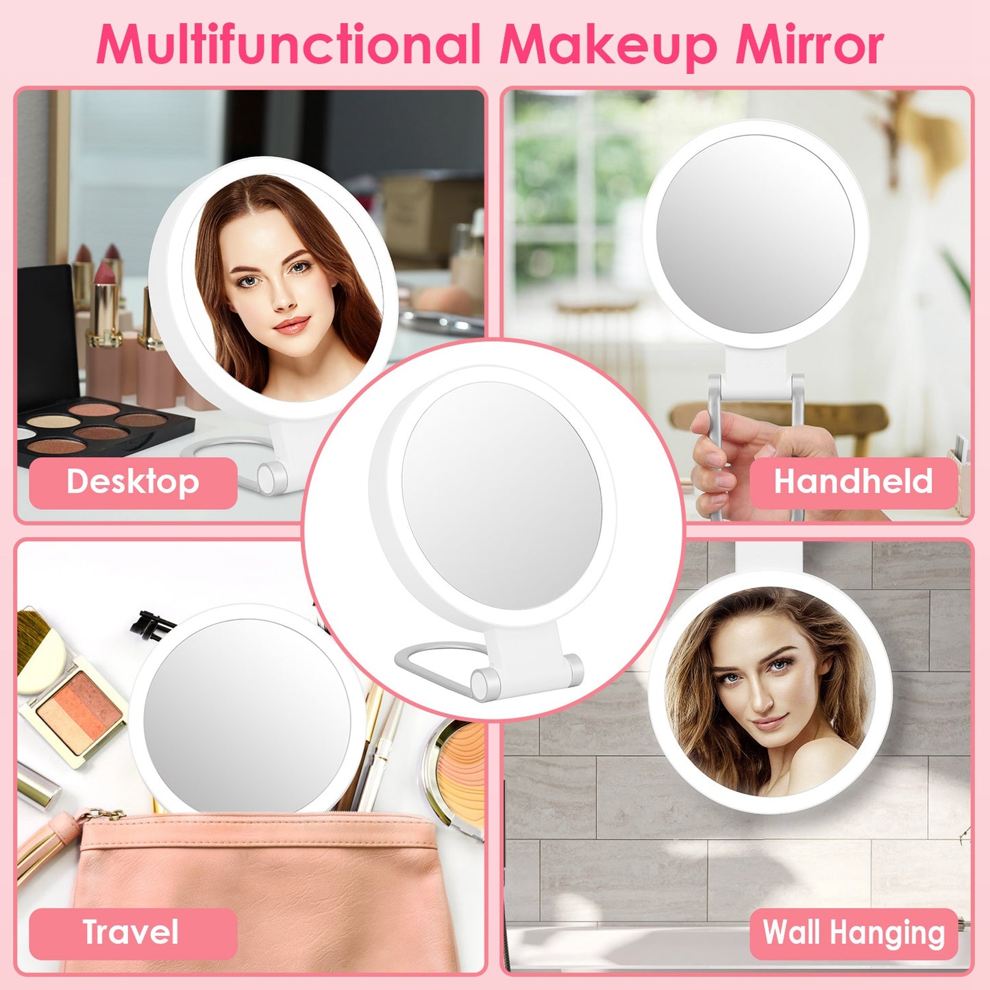 20X/1X Double-Sided Magnifying Makeup Mirror With Light Rechargeable Travel Makeup Mirror With 3 Colors Dimmable Brightness Adjustable Stand Vanity Ta