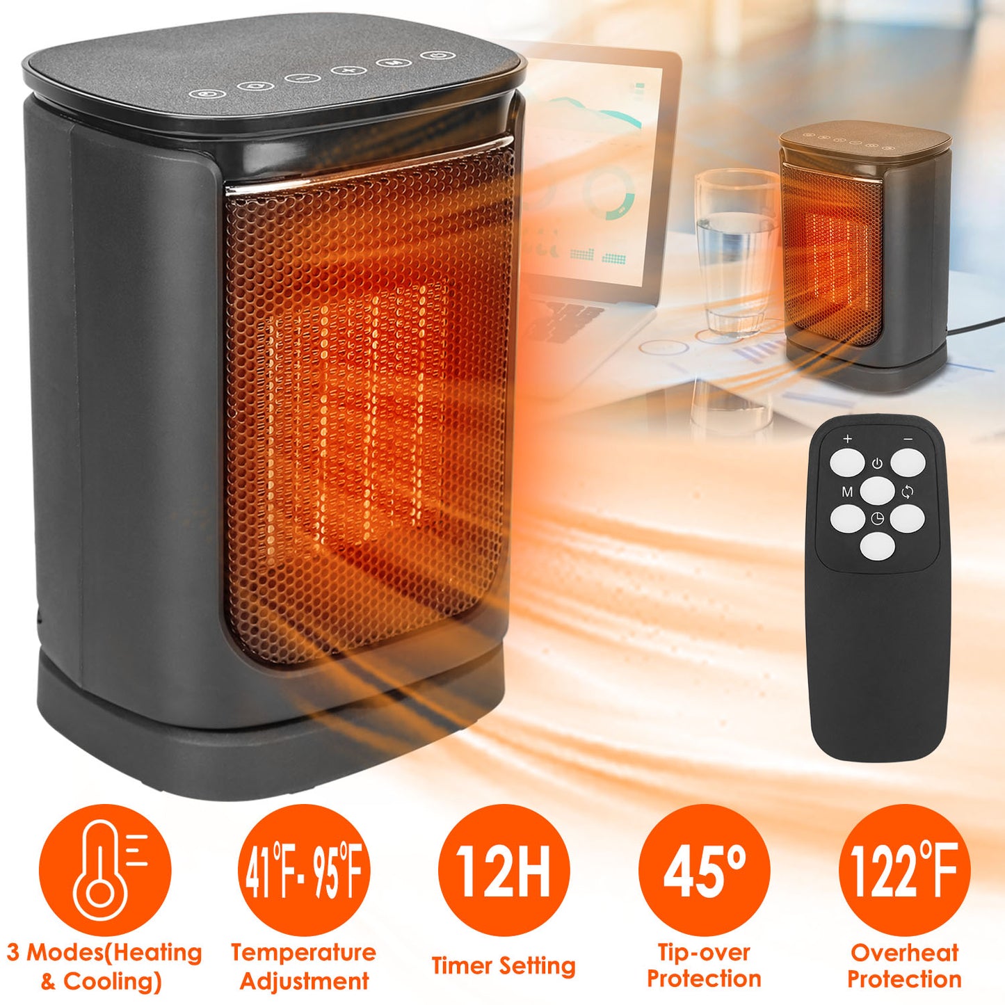 1500W Electric Space Heater Ceramic Heater Fan 90¼Oscillating Heating Fan with 3 Modes Remote Control Digital Display Tip-over Overheating Protection