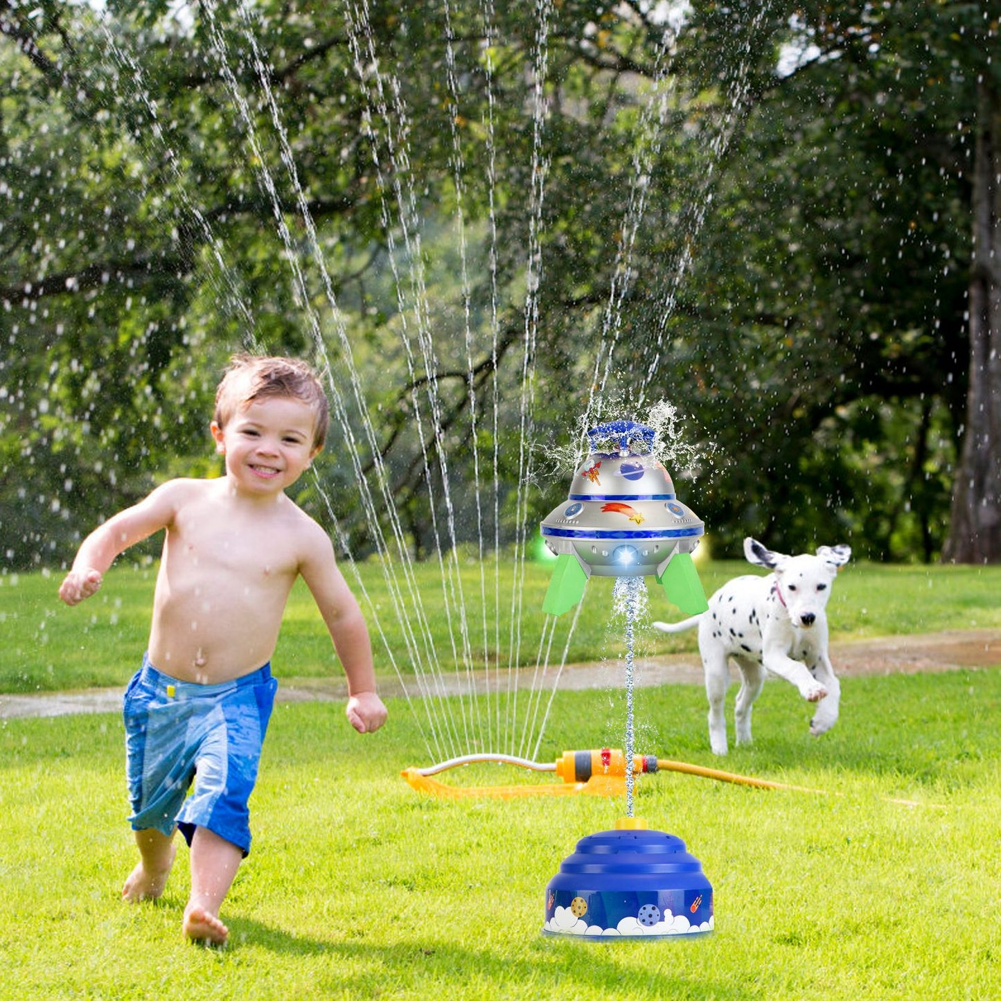 UFO Water Sprinkler Outdoor Summer Rocket Toy With Colorful LED Lights 360¡ Spinning 1.64FT To 6.56FT Adjustable Height Birthday Summer Gift For Girls