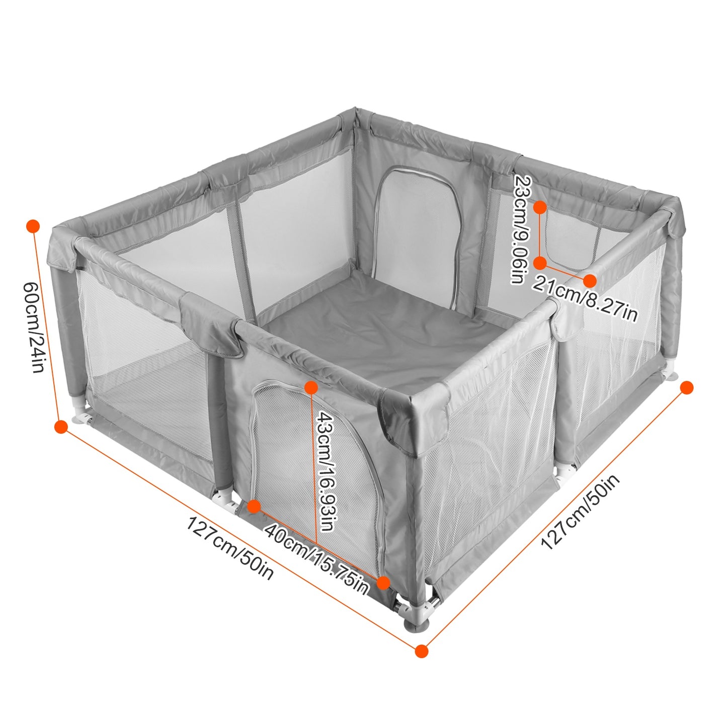 Baby Play Yard 50x50x24in Infant Play Game Child Fence Play Yards Breathable Kids Activity Center with Anti-Slip Suction Base 2 Zipper Doors for Infan
