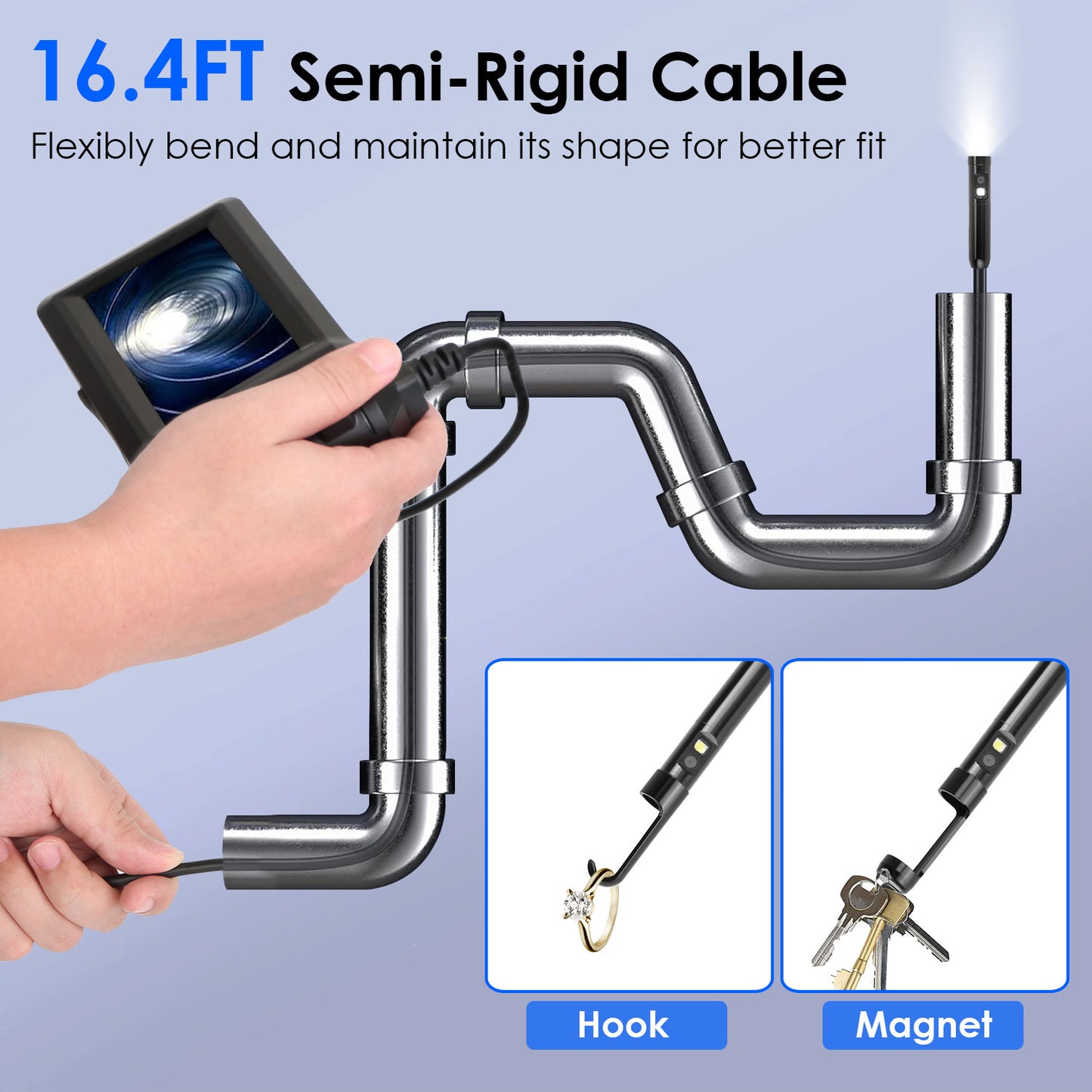 1080P Dual Lens Endoscope Camera with 8 LED Light 8mm Borescope Inspection Camera 4.3Ó Colorful Screen IP67 Waterproof 16.4FT Semi-Rigid Cord Handheld