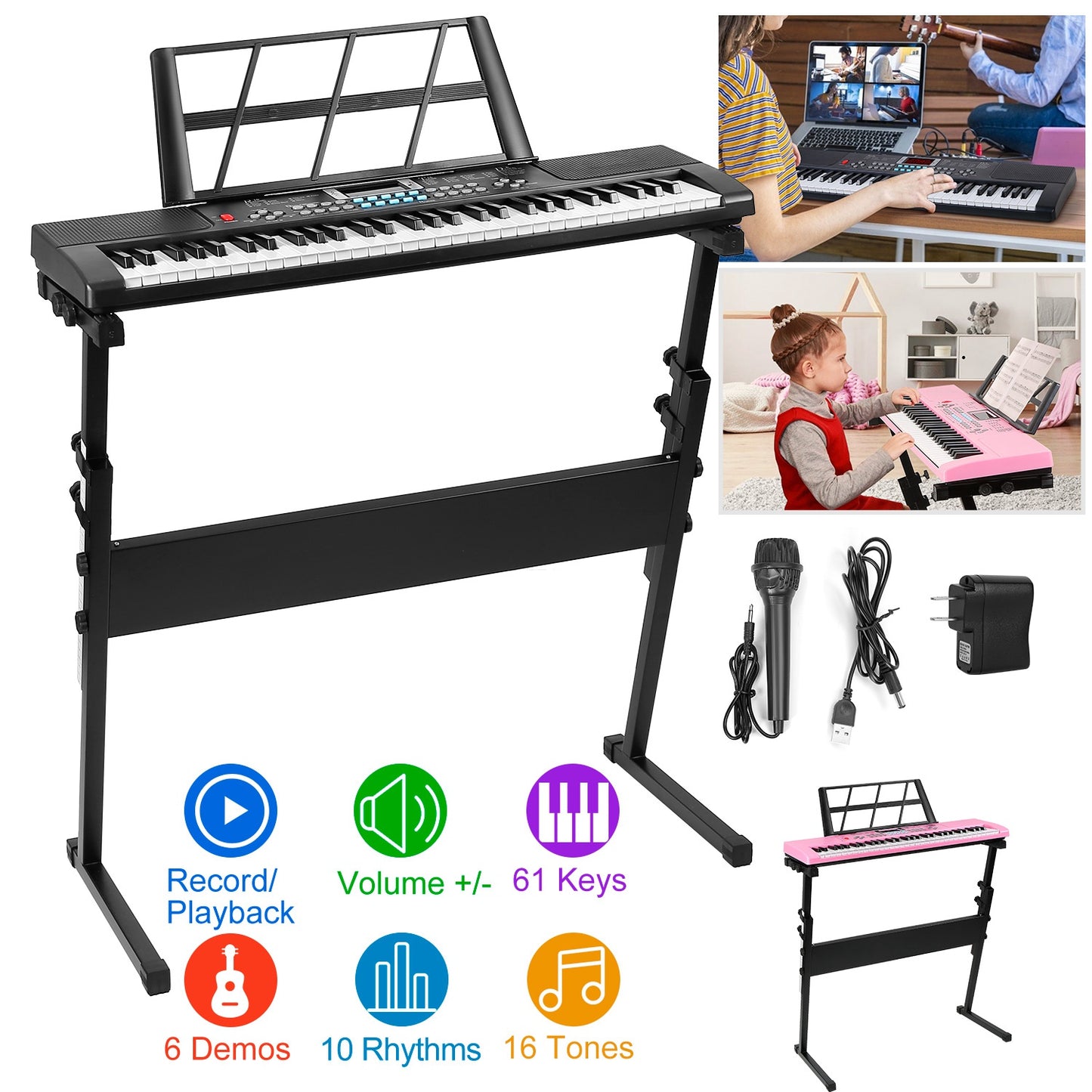 61 Keys Digital Music Electronic Keyboard Electric Musical Piano Instrument Kids Learning Keyboard w/ Stand Microphone For Beginners