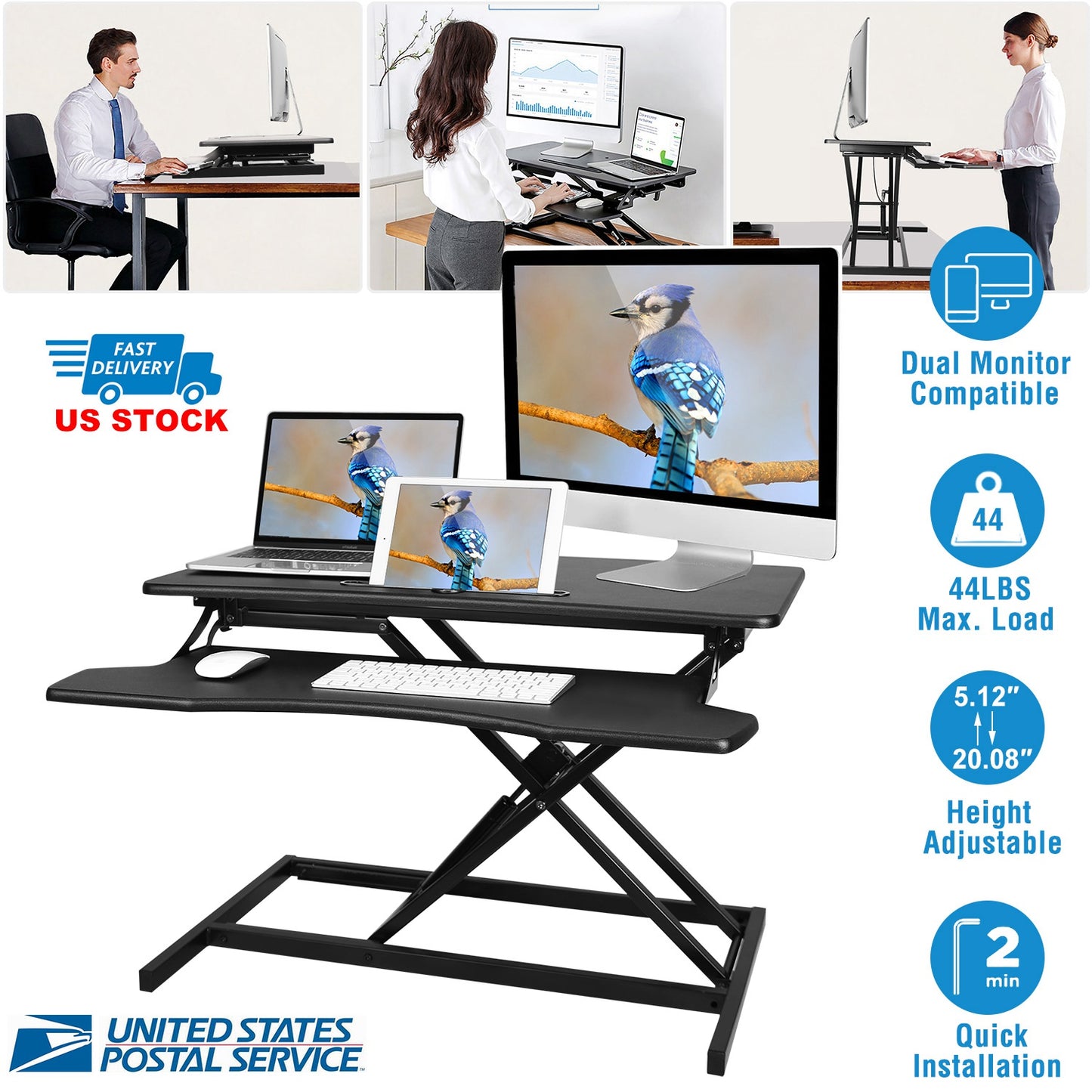Height Adjustable Standing Desk Converter Workstation Sit Stand Dual Monitor Laptop Desk Riser Tabletop