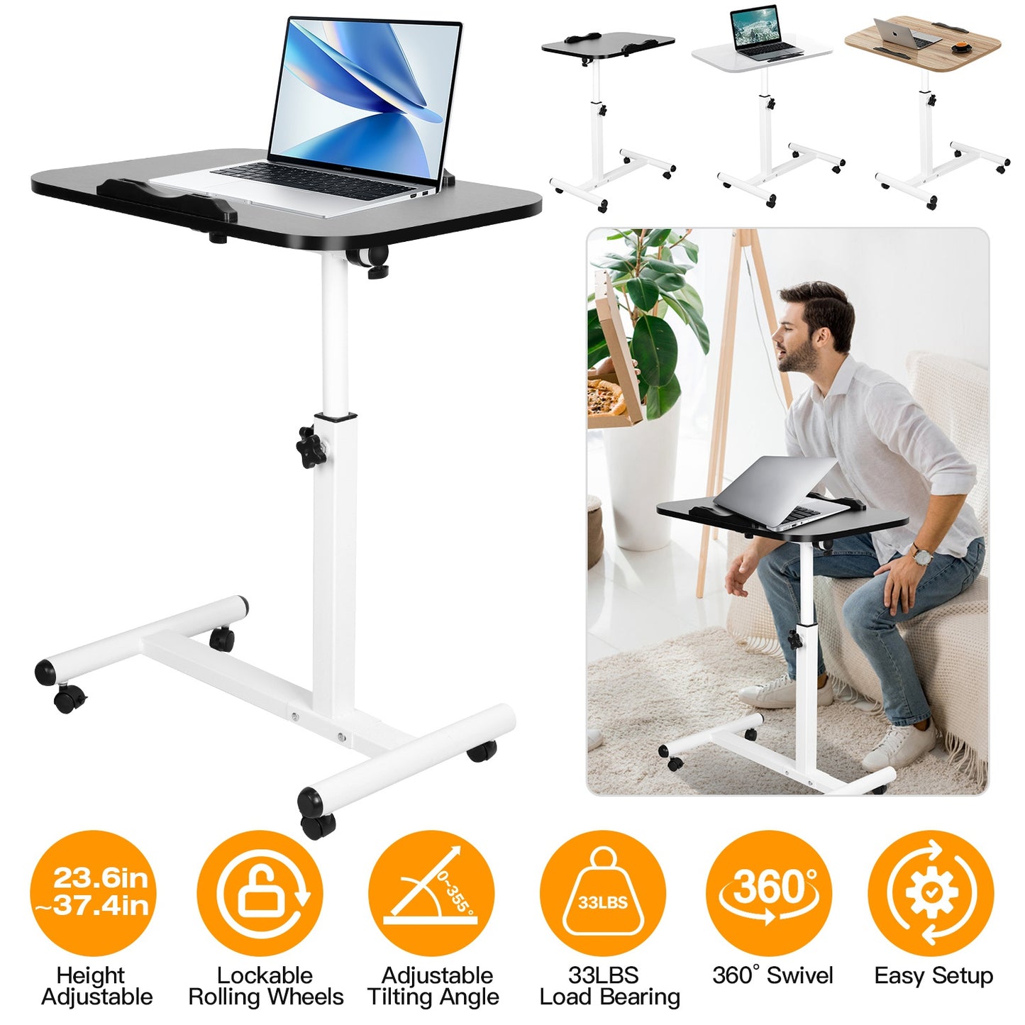 Rolling Laptop Table Portable Computer Desk Movable Table with Adjustable Height Tilting Angle
