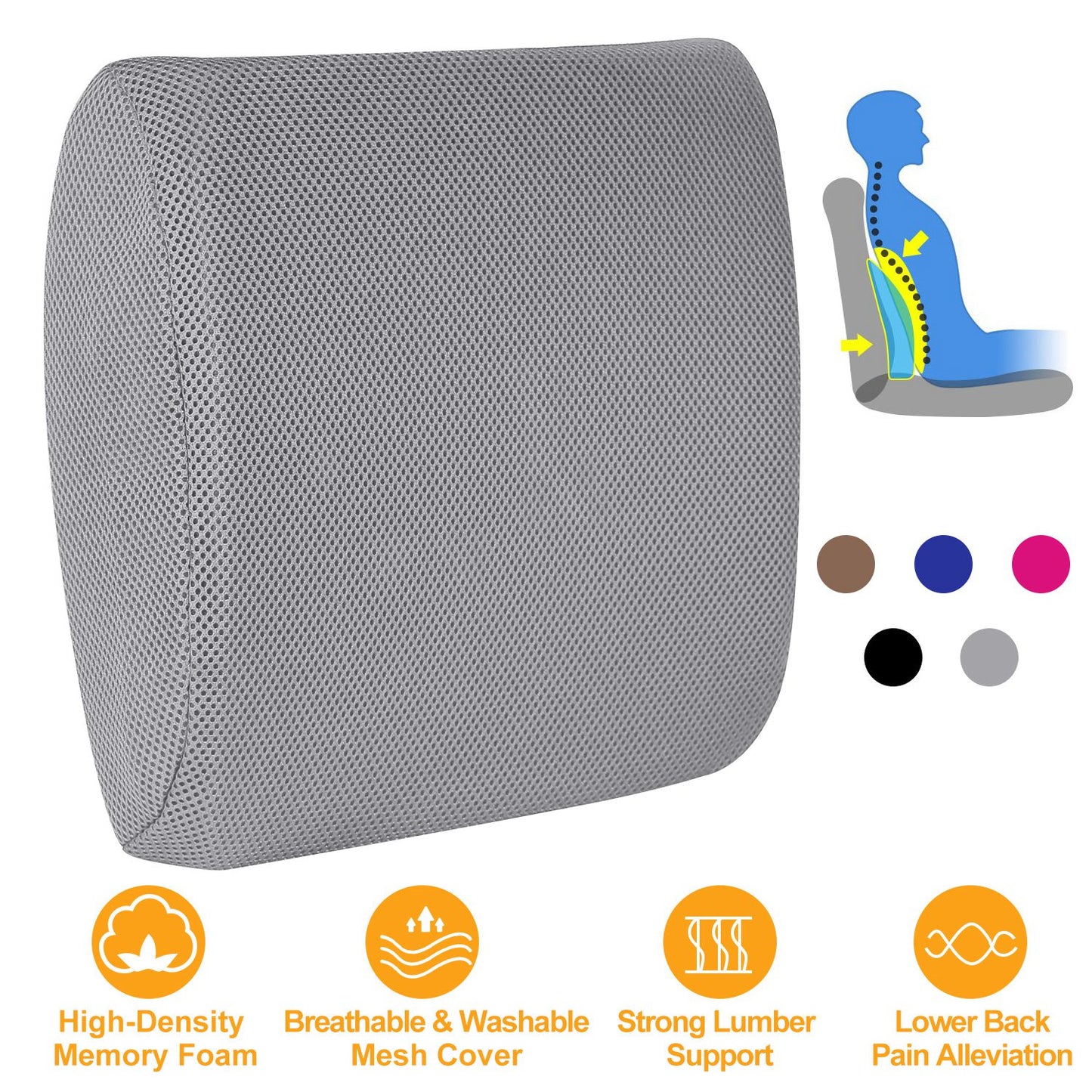 Lumbar Support Pillow Memory Foam Back Cushion with 3D Mesh Cover for Car Office Chair