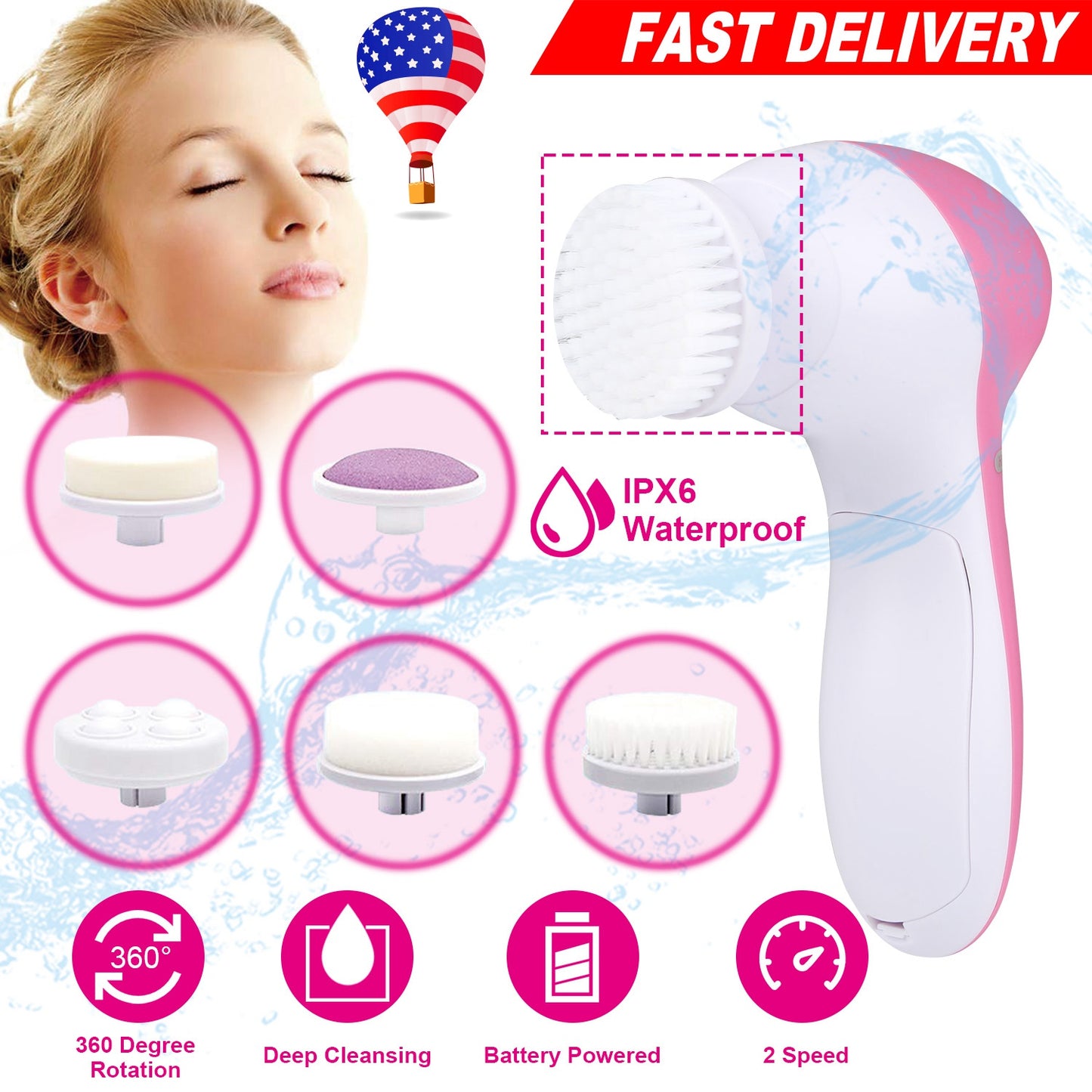 Facial Cleansing Brush Waterproof Face Spin Cleaning Brush with 5 Brush Heads Deep Cleansing Body Facial Brush Set for Gentle Exfoliating Removing Bla