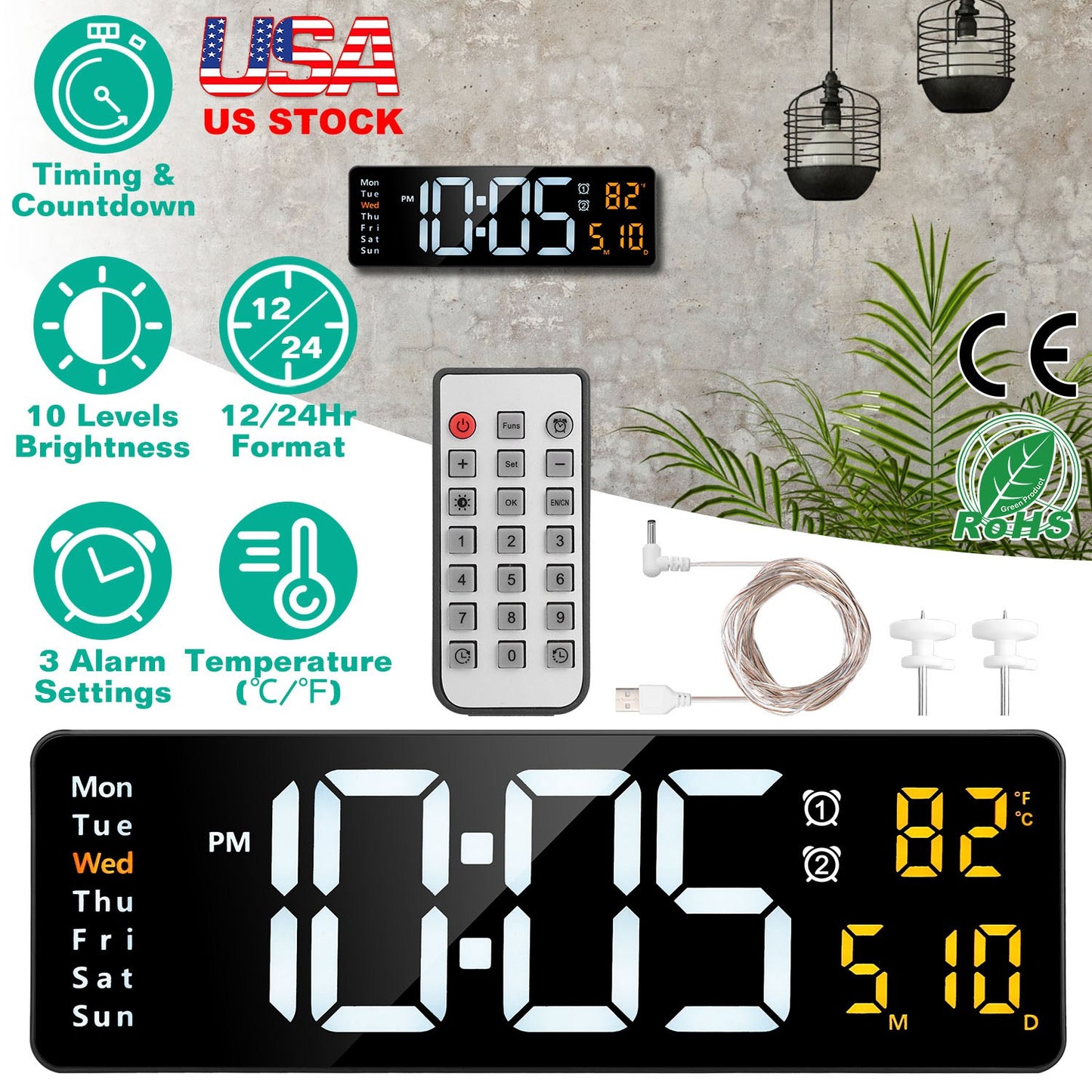15.7in LED Digital Wall Clock with Remote Control 10 Level Brightness 3 Alarm Settings 12/24Hr Format Timing Countdown Temperature Calendar Display De