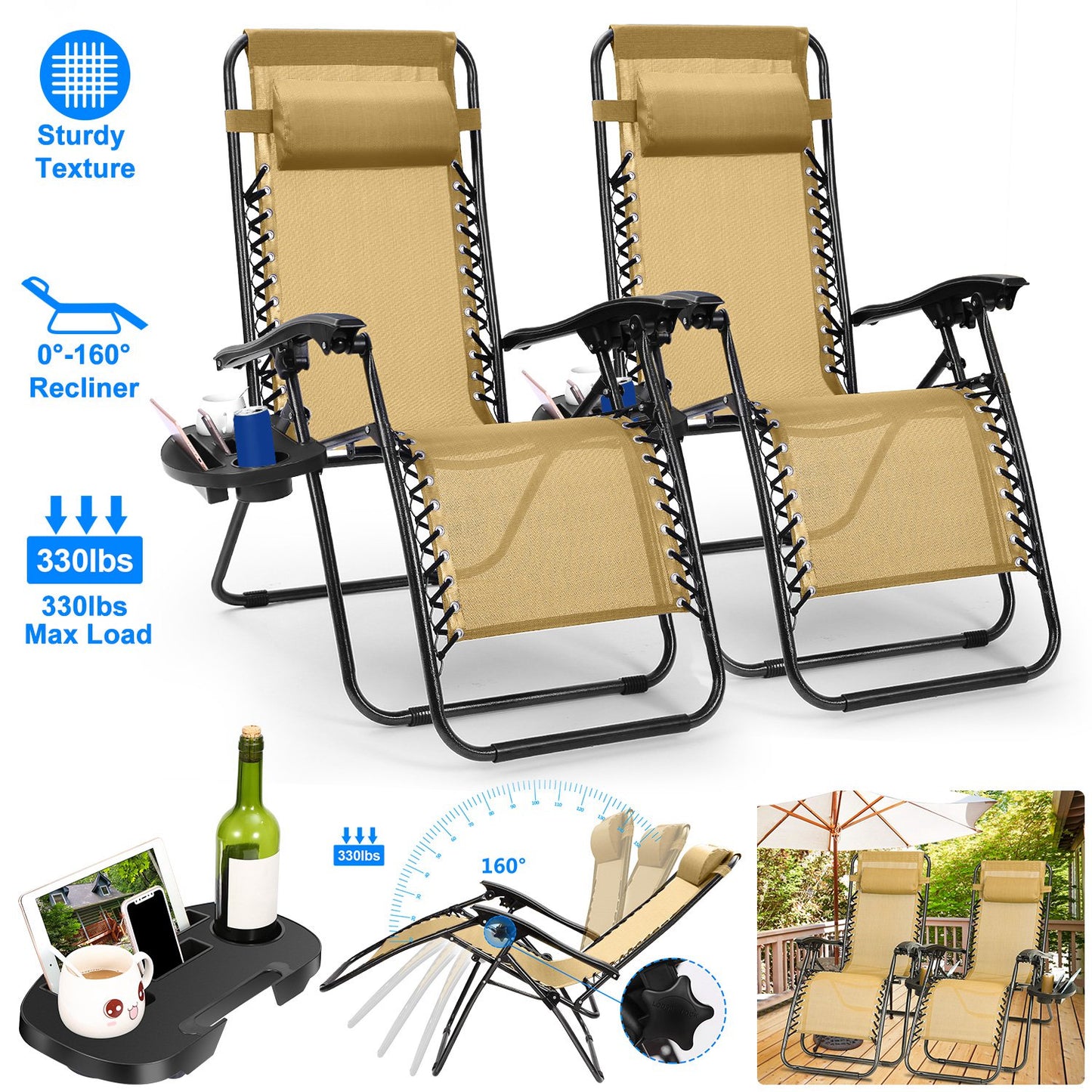 2Packs Zero Gravity Lounge Chair w/ Dual Side Tray 330lbs Load Foldable Recliner Chair w/ Stress Relief Pillow Patio Poolside Beach Lying Chair