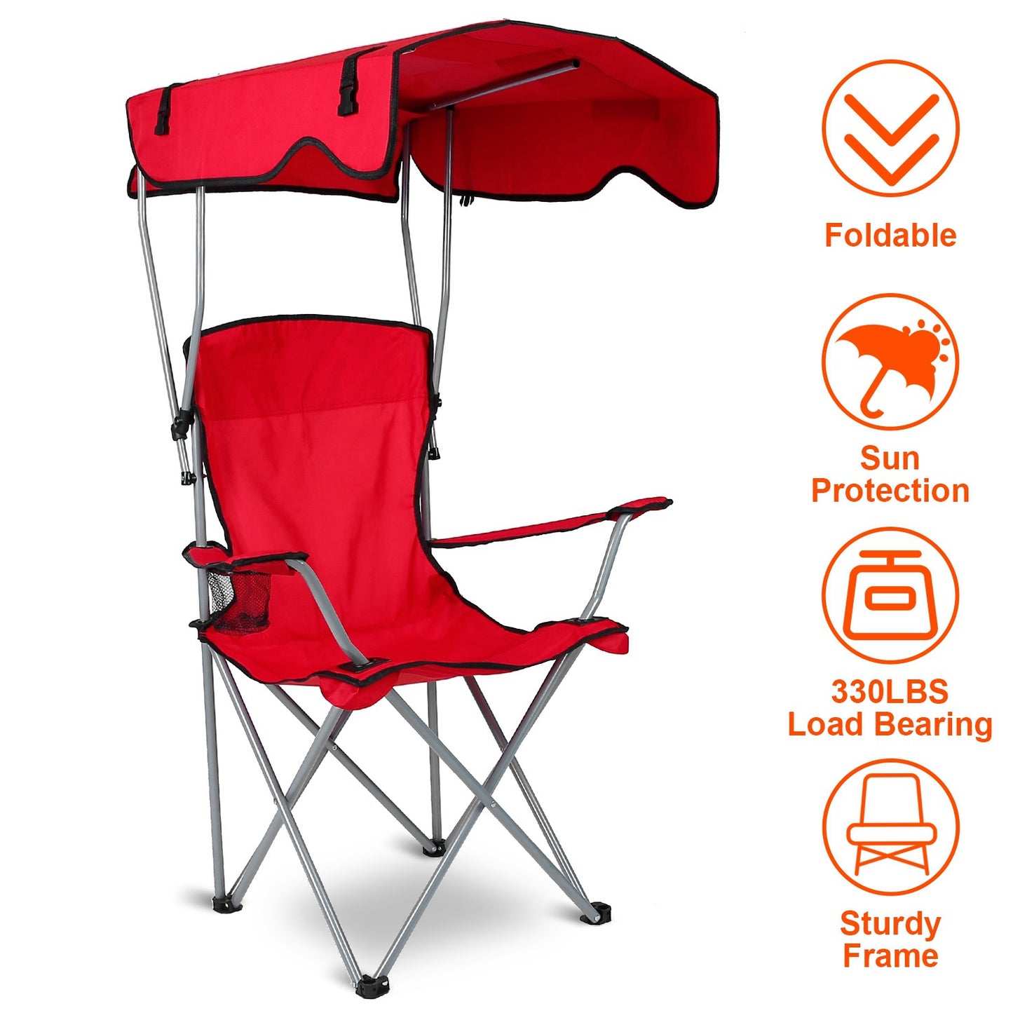 Foldable Beach Canopy Chair Sun Protection Camping Lawn Canopy Chair 330LBS Load Folding Seat w/ Cup Holder For Beach Poolside Travel Picnic
