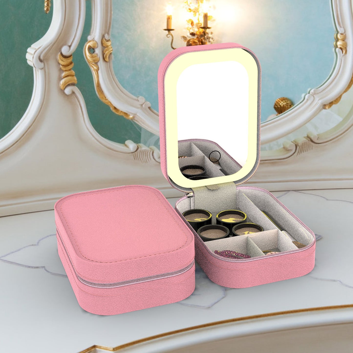 Portable Travel Makeup Bag With LED Mirror Rechargeable Beauty Mirror With 3 Color Light Dimmable Brightness Waterproof Cosmetic Bag With 4 Compartmen