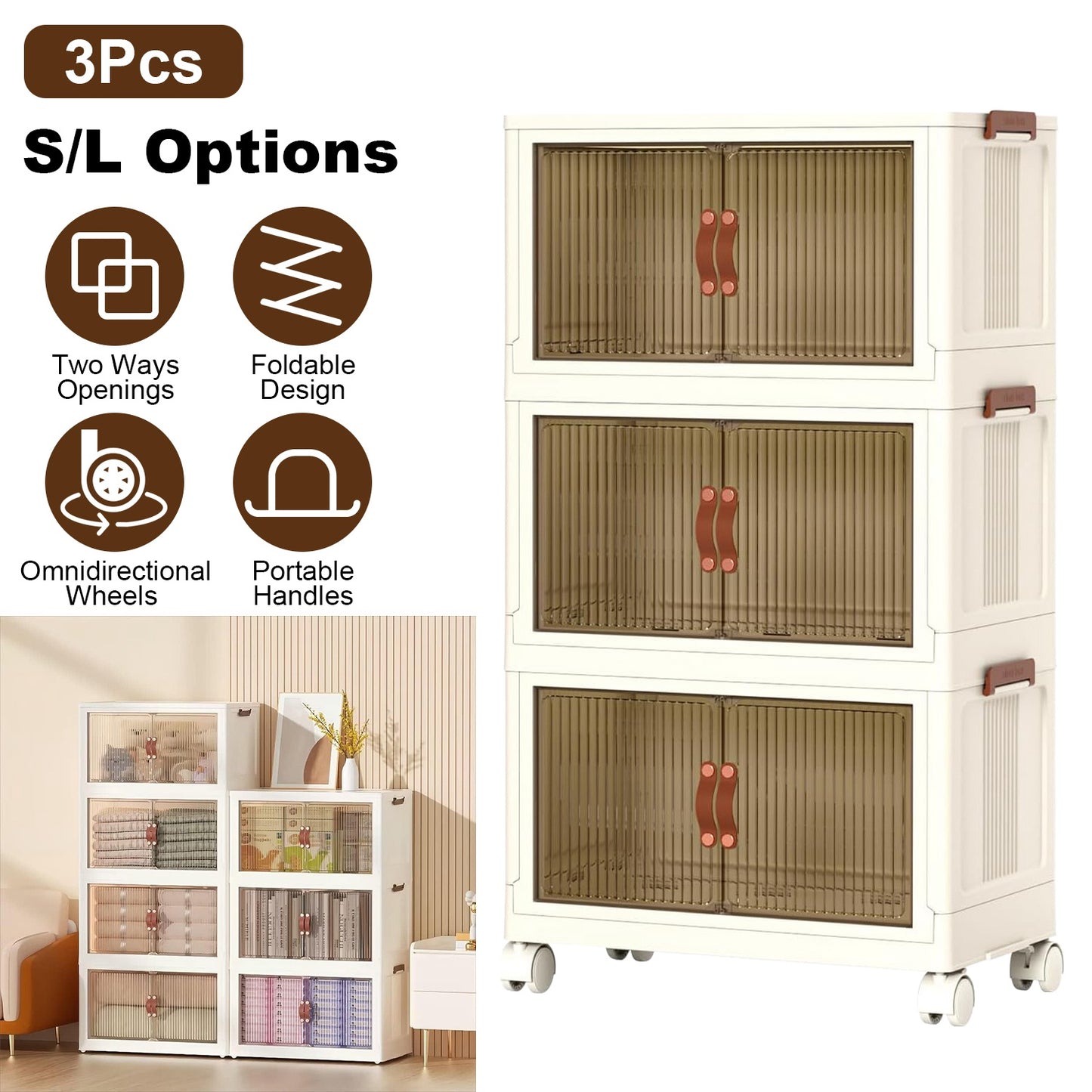 3Pcs Foldable Storage Bins with Lid Front Magnetic Door Collapsible Stackable Closet Organizer Containers with 4Pcs 360¡ Rotatable Wheels 8Pcs Small W