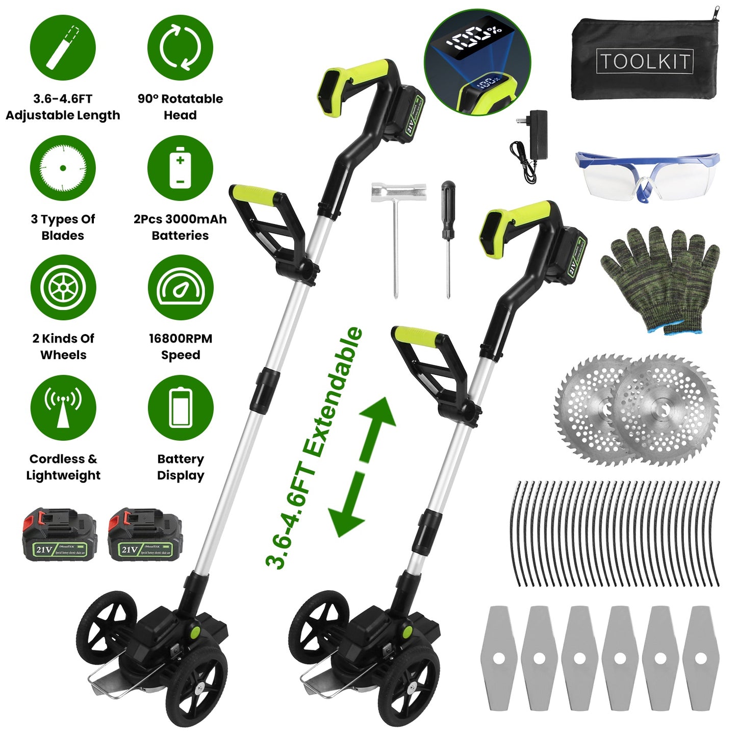 21V Electric Weed Edger Cordless String Trimmer Grass Mower Eater Bush Cutter with 16800RPM 2x 3000mAh Batteries 3.6-4.6FT Length 90¡ Rotatable Angle