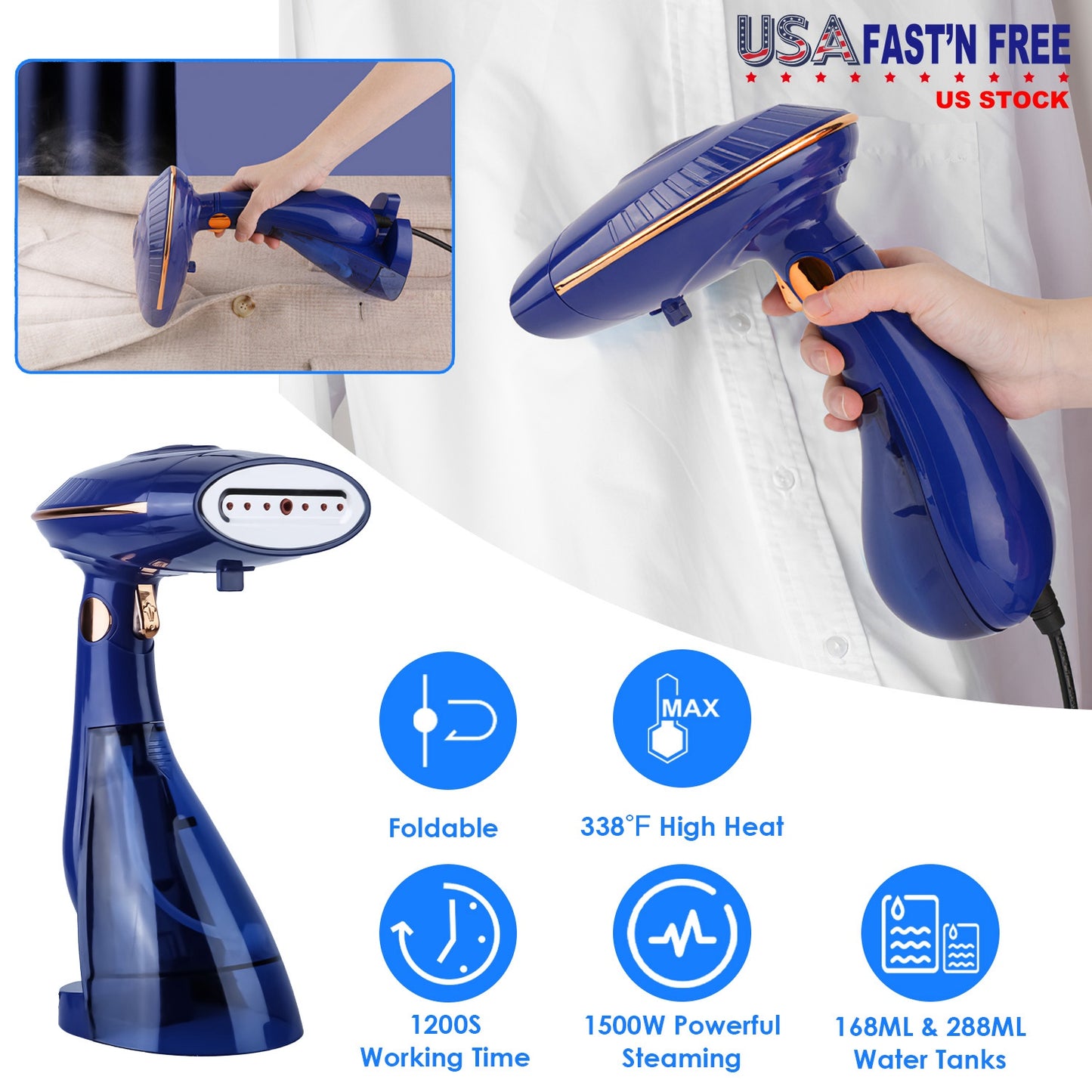 1500W 2 In 1 Foldable Garment Steamer Handheld Fabric Wrinkle Remover with 168ML & 288ML Water Tanks For Flat Hanging Ironing