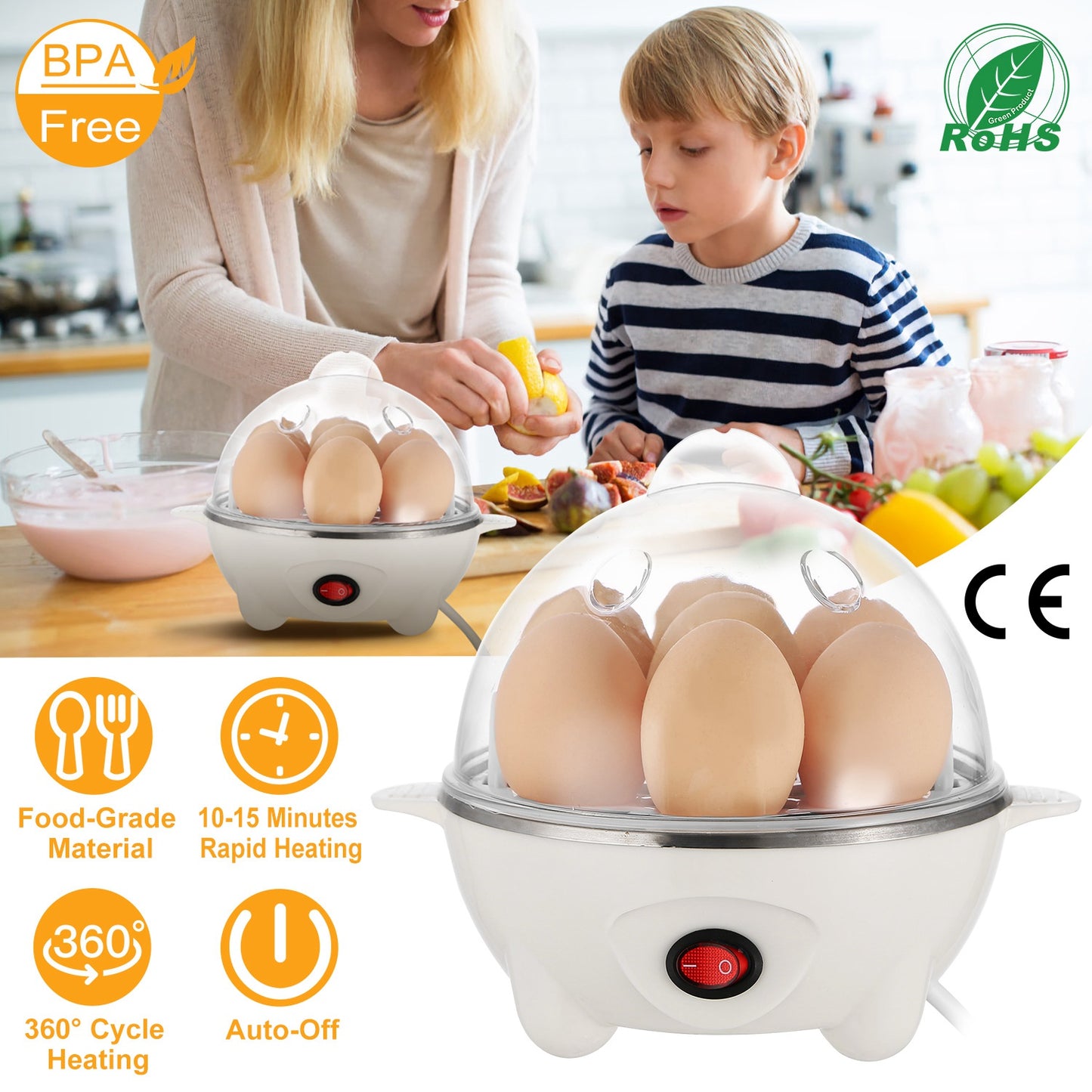 Electric Egg Cooker 7-Capacity BPA-Free Hard-Boiled Egg Maker w/ Auto-Off Measuring Cup for Hard Boiled Steamed Vegetables Seafood Dumplings