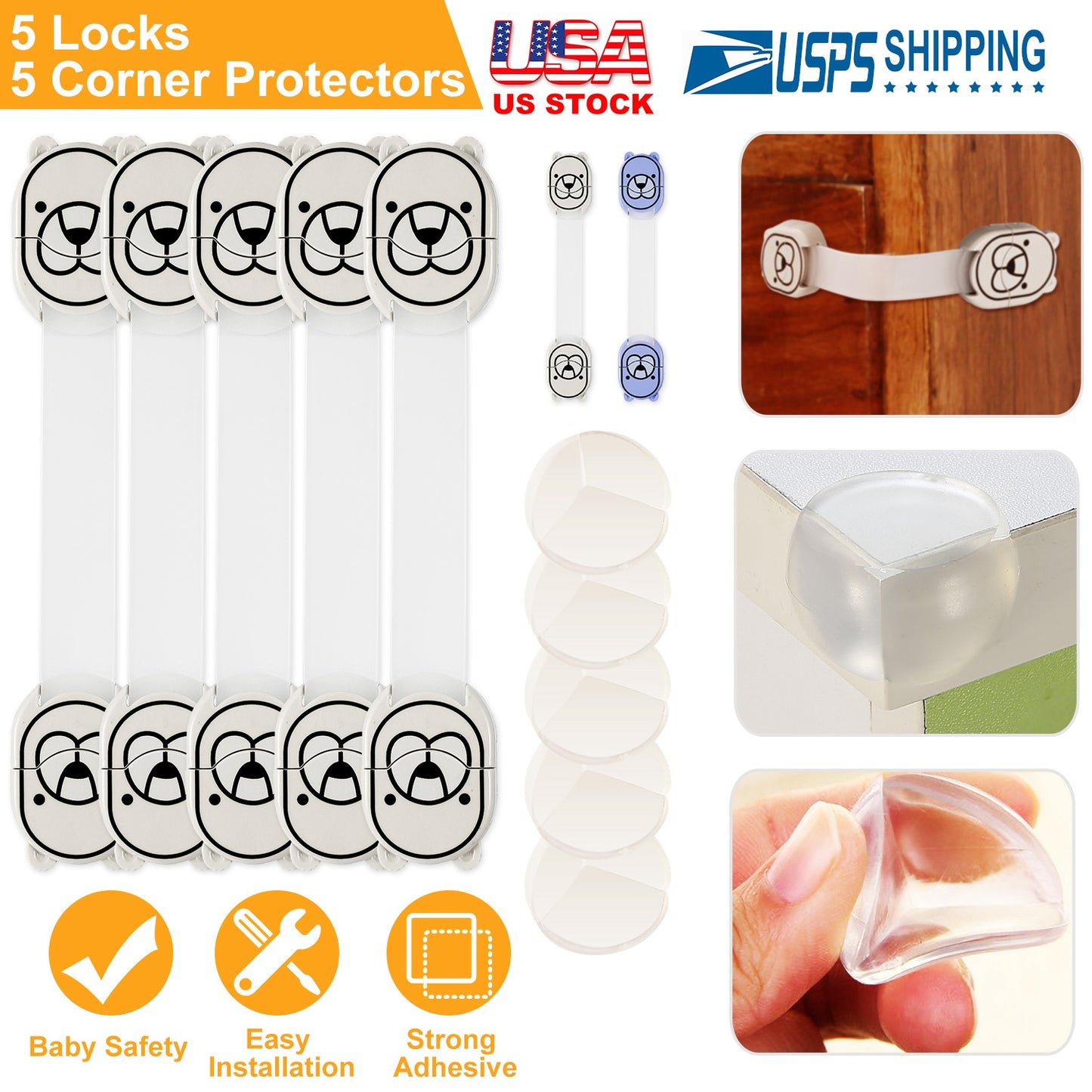 5Pcs Kids Safety Locks w/ 5 Furniture Corner Protectors Drawer Cabinet Strap Locks Baby-Proof Adhesive Fridge Latches Locks