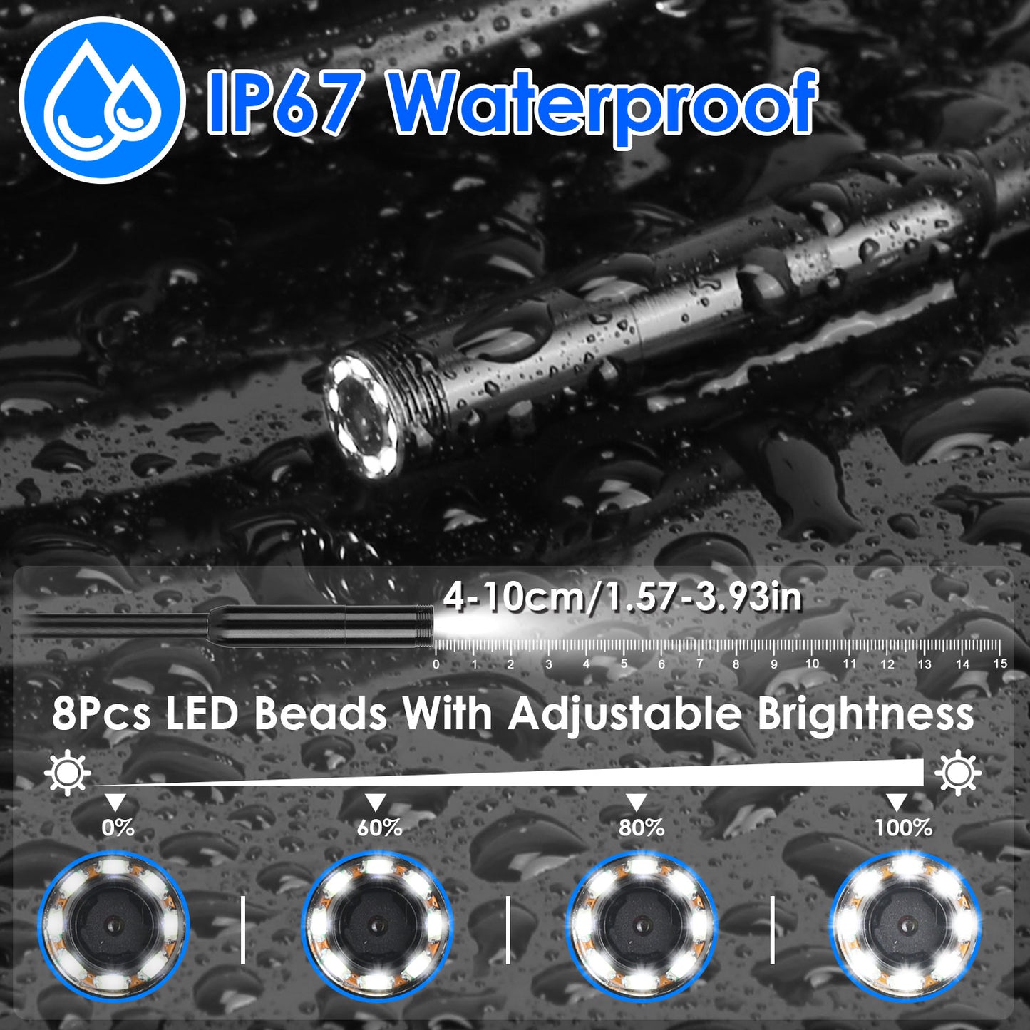 1080P Endoscope Camera with 8 LED Light 8mm Borescope Inspection Camera 4.3Ó Colorful Screen IP67 Waterproof 16.4FT Semi-Rigid Cord Handheld Snake Cam
