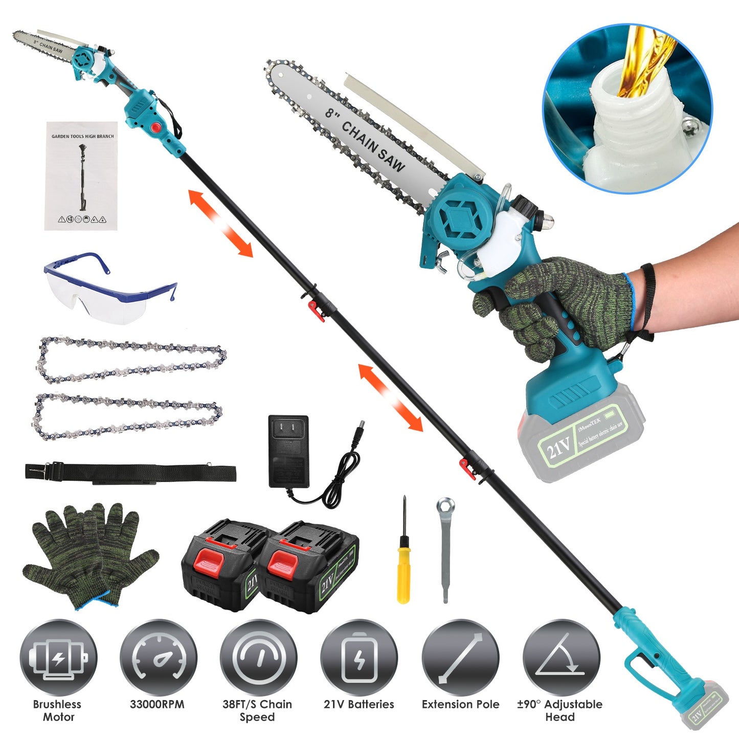 2-IN-1 Cordless Pole Saw And Mini Chainsaw With Extension Pole 21V Battery 8Ó Electric Brushless Pole Chainsaw with Auto Oiler Safety Switch 6.4LBS Li