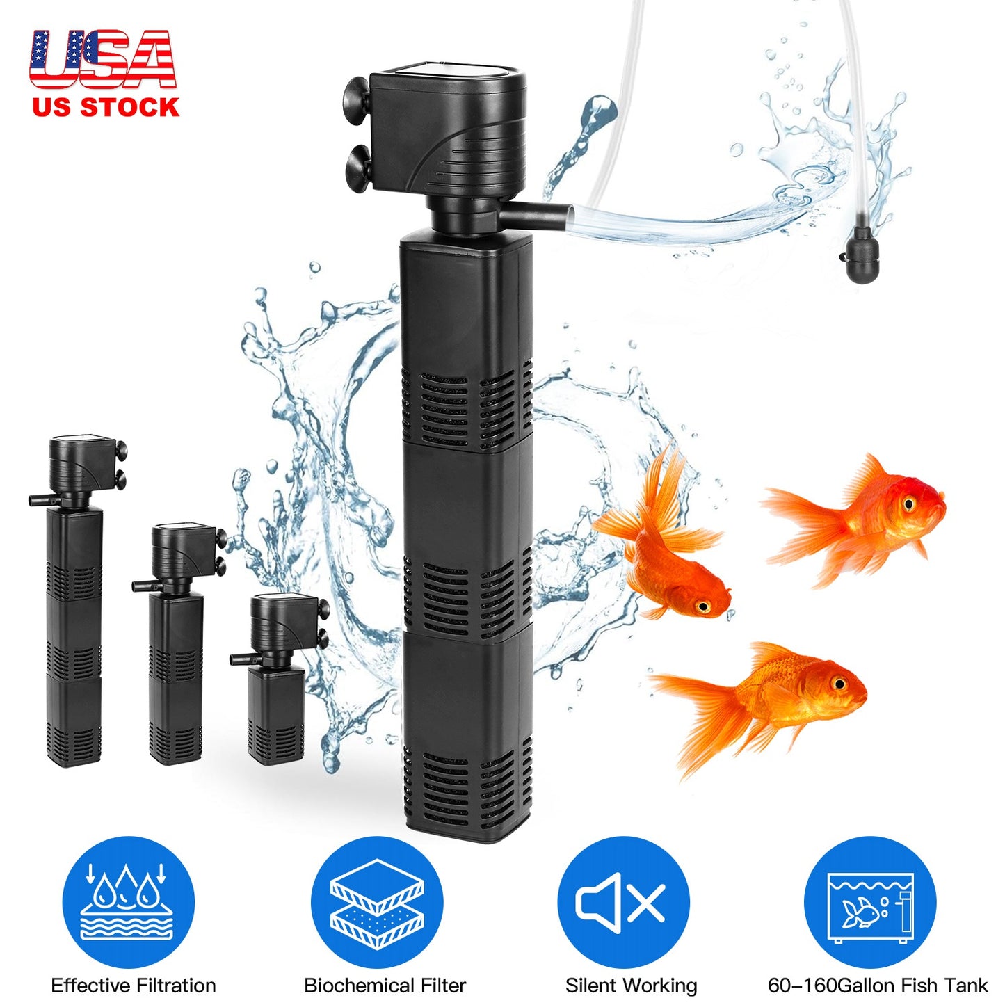 4 in 1 Submersible Aquarium Filter for 60 to 160Gallon Fish Tank Powerful Internal Fish Tank Filter with Biochemical Cotton Filter For Saltwater Fresh