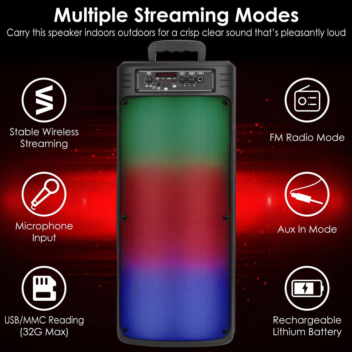 Portable Wireless Party Speaker Dual 8in Colorful Lights DJ PA System with TWS Function FM Radio USB MMC Card Reading Aux In Recording Function Wirele