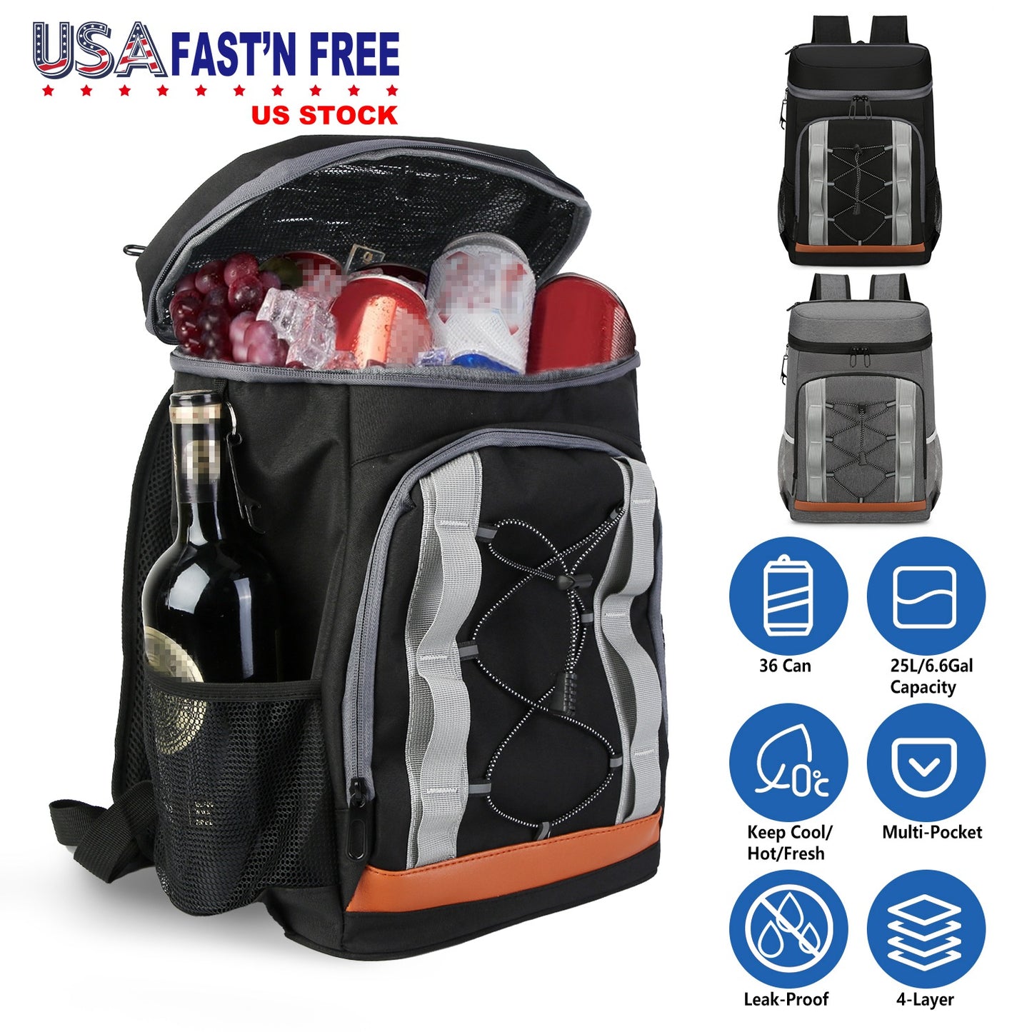 Cooler Backpack 36 Can Leakproof Insulated Cooler Backpack with 25L/6.6Gal for Picnic Camping BeachÊHiking Fishing Travel