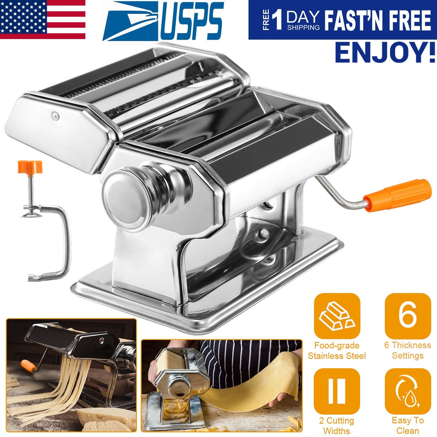 Pasta Maker Roller Machine Fettuccine Noodle Maker 9 Thickness Settings Stainless Steel