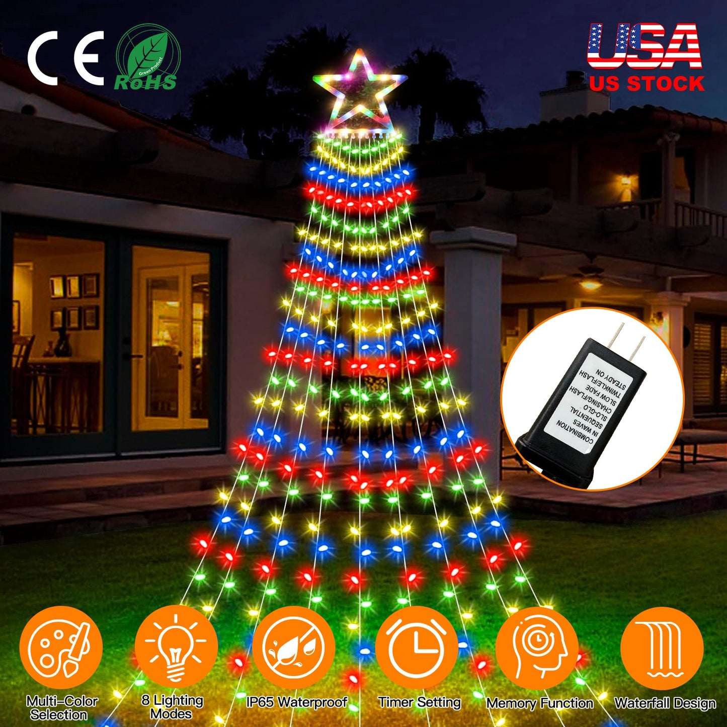 Christmas Hanging Waterfall String Light with Topper Star IP65 Waterproof Outdoor Plug In Fairy Waterfall Tree Light with 8 Lighting Modes Timer Memor