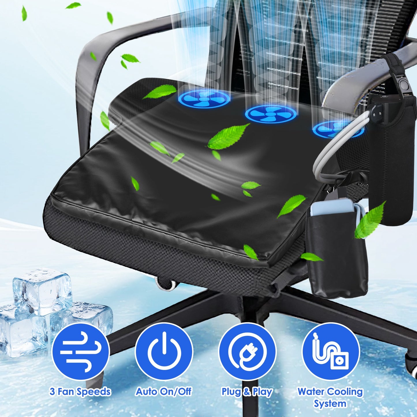 Summer Water Cooling System Seat Cushion With Fans 3 Speeds 26¡C/78¡F Constant Temperature USB Plug Portable Auto On/Off Ventilated Seat Cushion For H