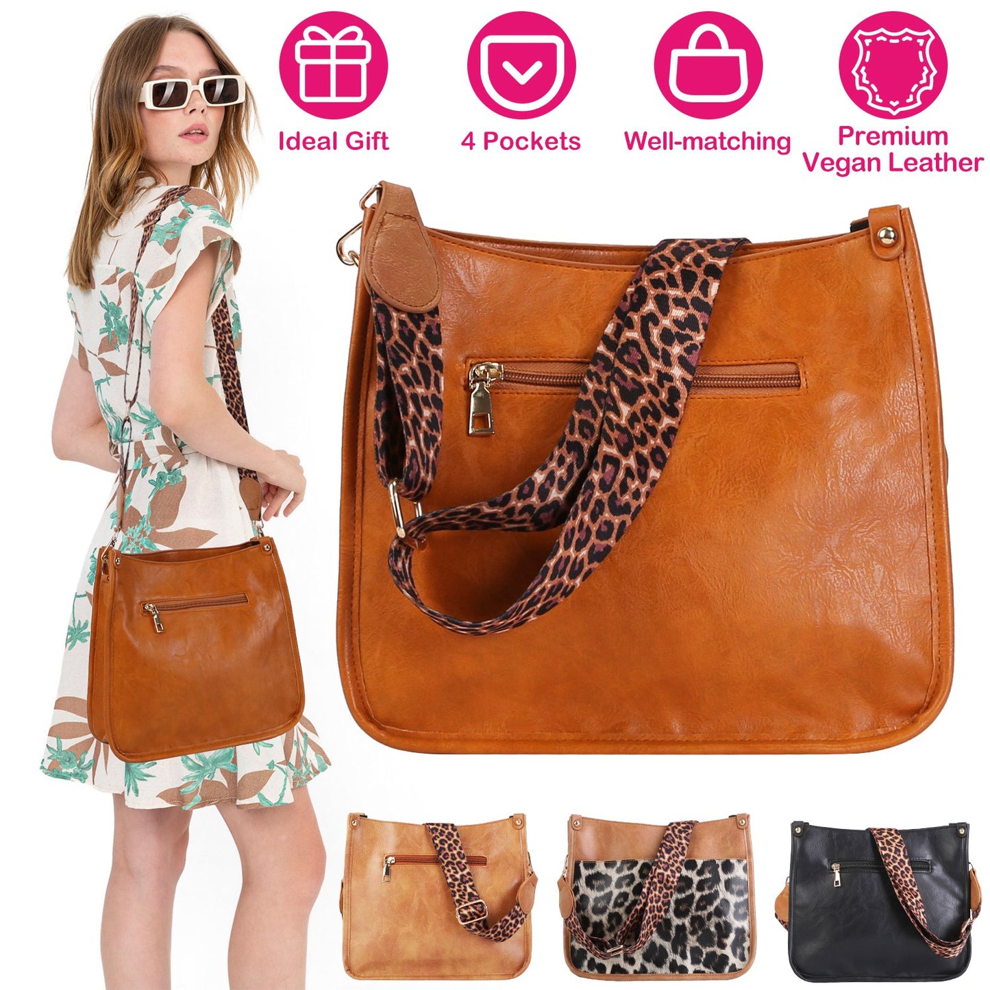 Women Fashion Leather Crossbody Bag Shoulder Bag Casual Handbag with Flexible Wearing Styles Adjustable Guitar Strap