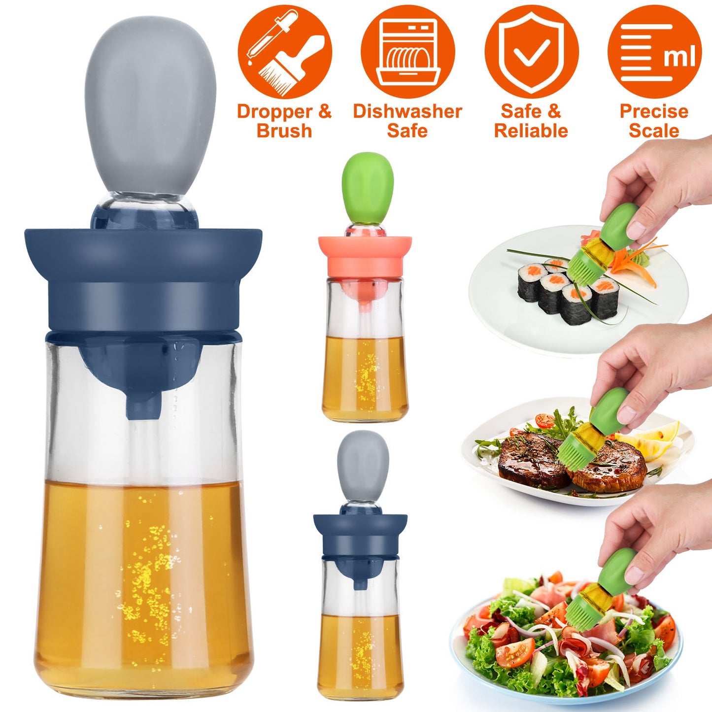 Oil Dispenser Bottle 2 In 1 Cooking Glass Olive Oil Dispenser Silicone Dropper with Silicone Brush Dropper Measuring Container for Kitchen Baking BBQ