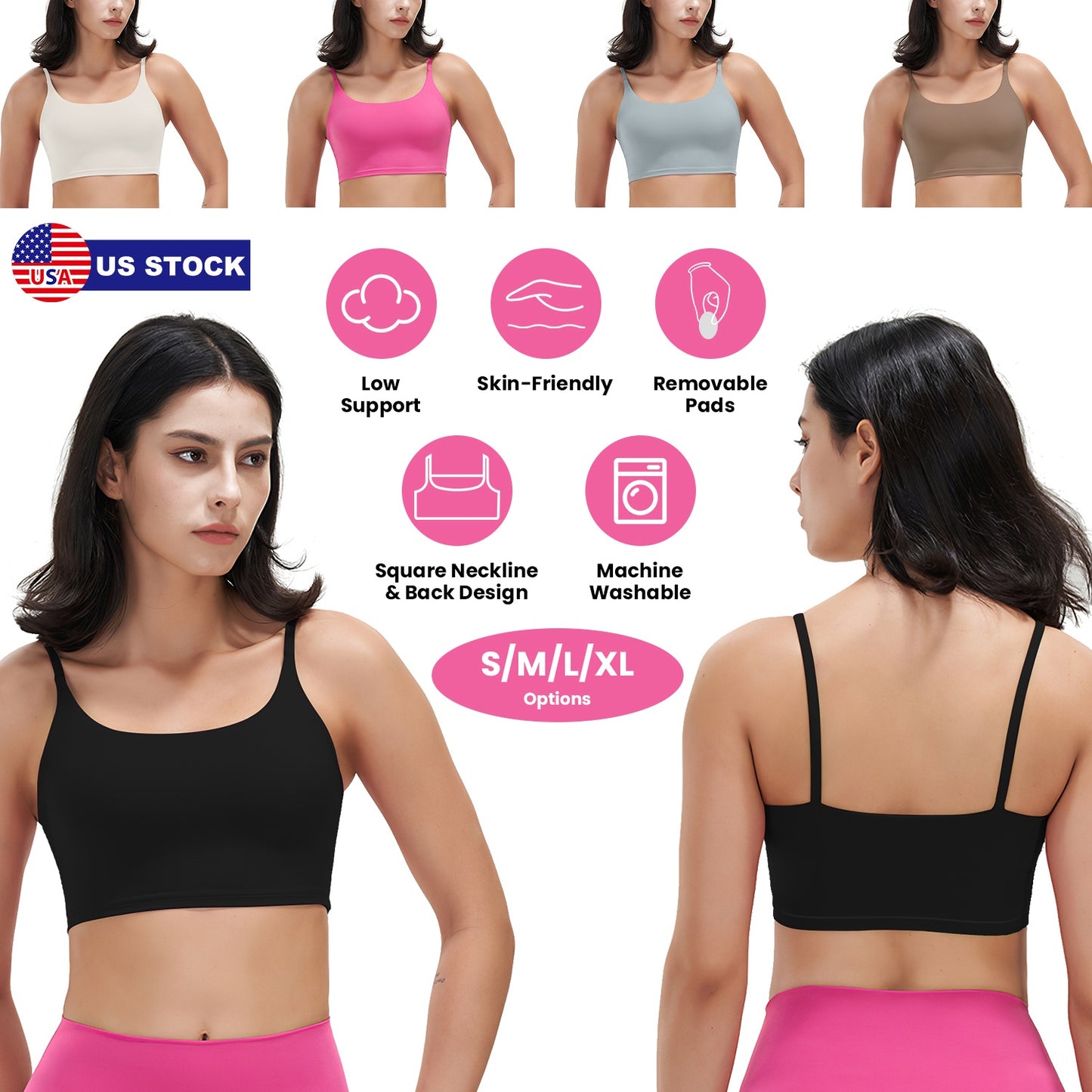 Women Strap Sport Bras Padded StrappyÊCrop Square Neck Low Impact Bras SexyÊFitnessÊTank Tops with Removable Pads Flat Straps for Gym Yoga Workout Run
