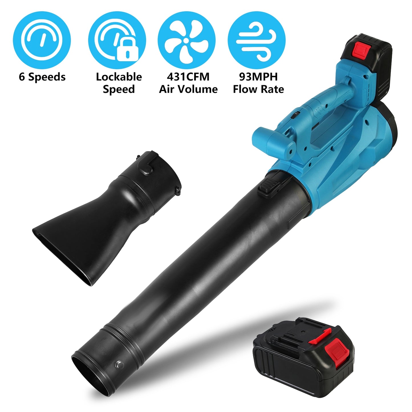 Cordless Leaf Blower 93MPH 431CFM Battery Powered Leaf Blower with 6 Variable Speeds 2 Rechargeable Batteries for Yard Patio Driveway