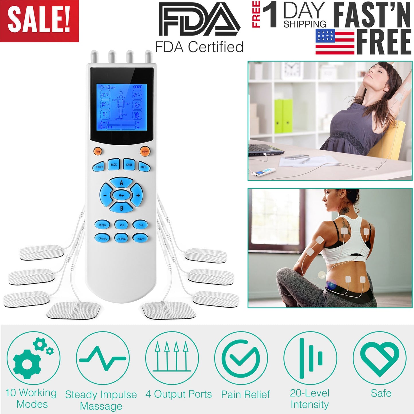 Tens Unit Machine Impulse Massager 10 Modes Pain Relief Body Massager Machine Muscle Stimulator w/ 4 Outputs and 8 Electrode Pads For Relief Relaxing