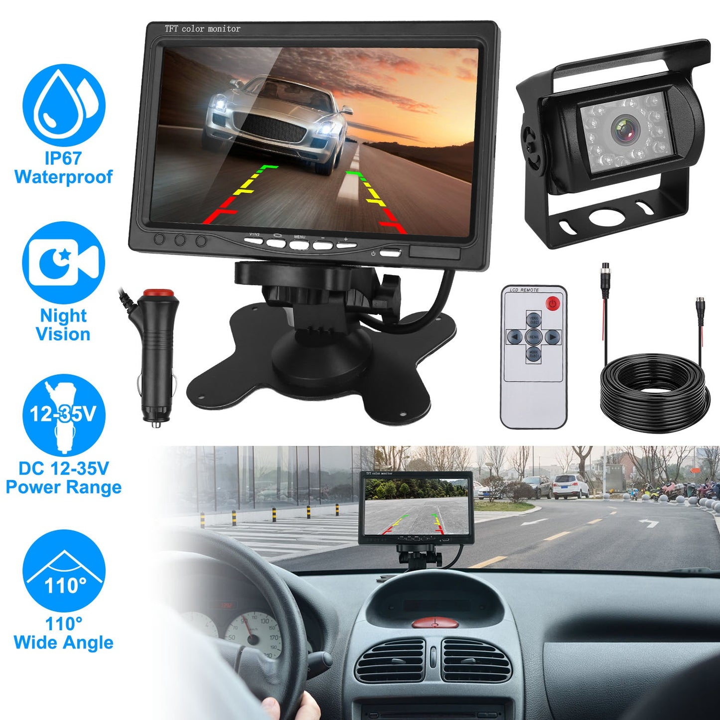 Wireless Backup Camera System Vehicle Rear View Monitor Kit IP67 Waterproof Car Parking Reverse System with 7In Screen Night Vision 2.4G Stable Signal