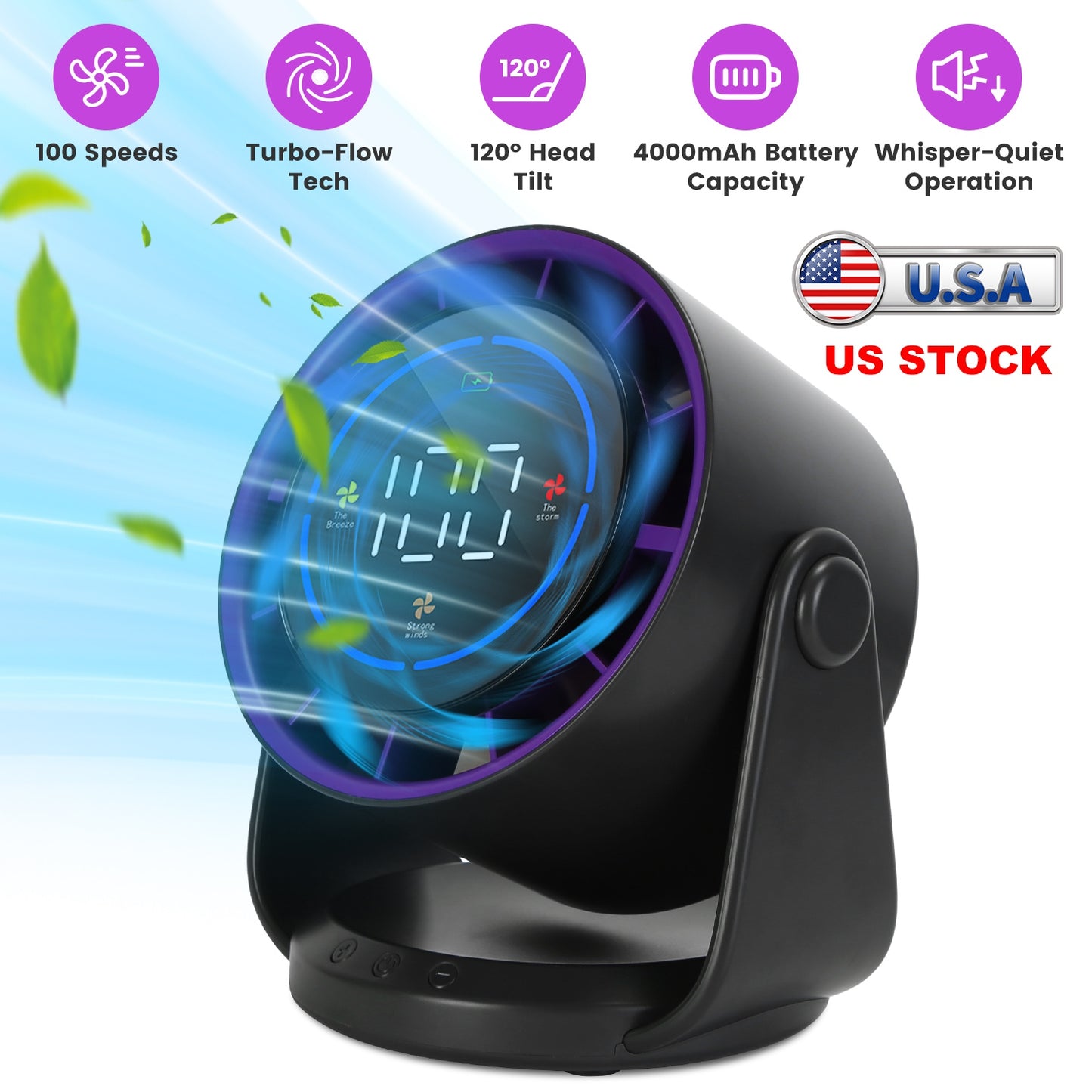 100 Speeds Desk Fan Battery Operated Wall Mounted Fan Rechargeable Mini Desk Fan with 120¼ Tilting Angle for Home Office Travel