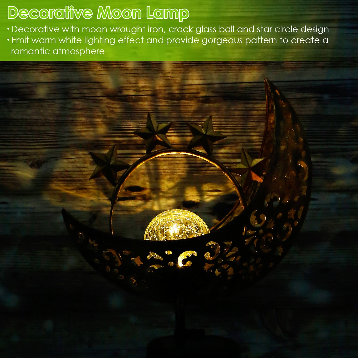Solar Powered Moon Star Lamp IP54 Waterproof Decorative Lamp Crackle Glass Globe Stake Iron Lights For Garden Lawn Yard Driveway