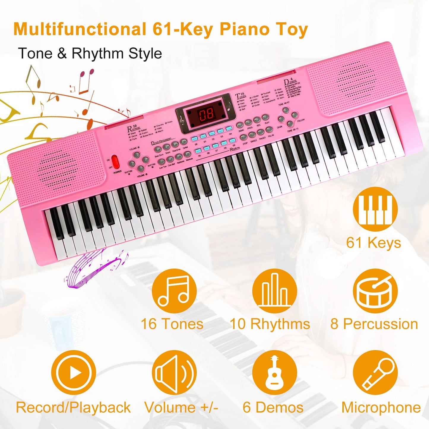 61 Keys Digital Music Electronic Keyboard Electric Musical Piano Instrument Kids Learning Keyboard w/ Stand Microphone For Beginners