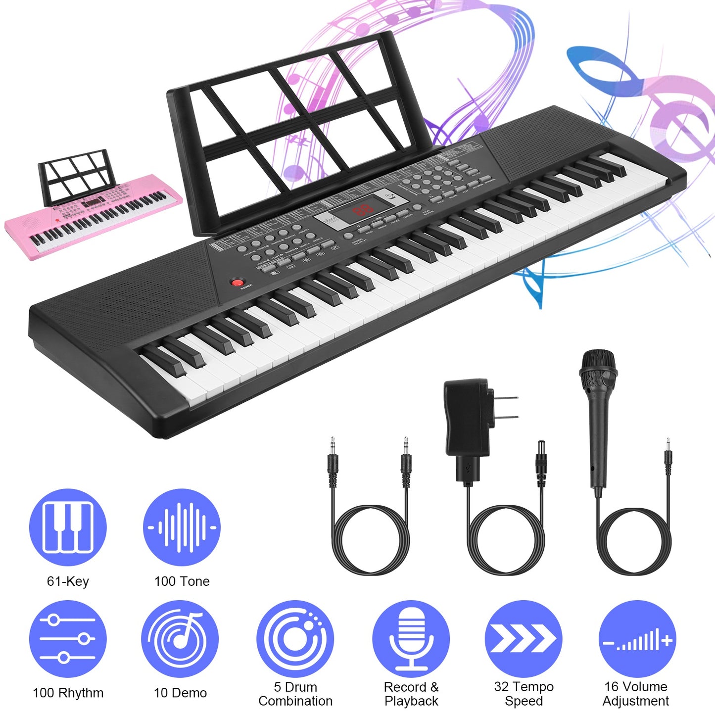 61 Keys Digital Music Keyboard Electric Piano Electronic Musical Instrument Kids Learning Keyboard with Microphone for 3-12 Year Old Kids Girls Boys